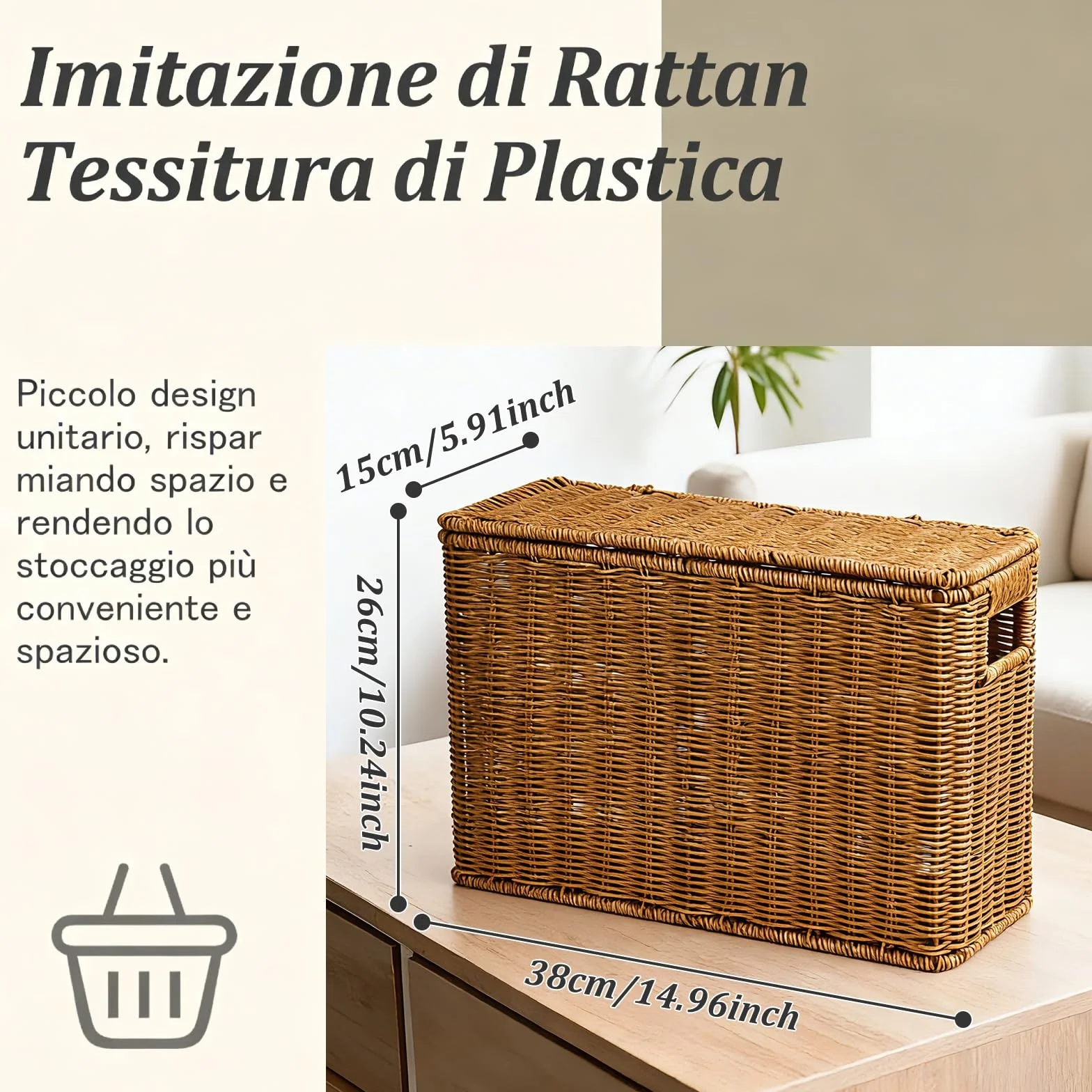 Gralara Cestino Stretto Portaoggetti, Cestino Portaoggetti Intrecciato in PP, Porta Riviste per Cucina, Camera da Letto, Cameretta, Salotto e Ufficio, S (38 x 15 x 27 Cm)