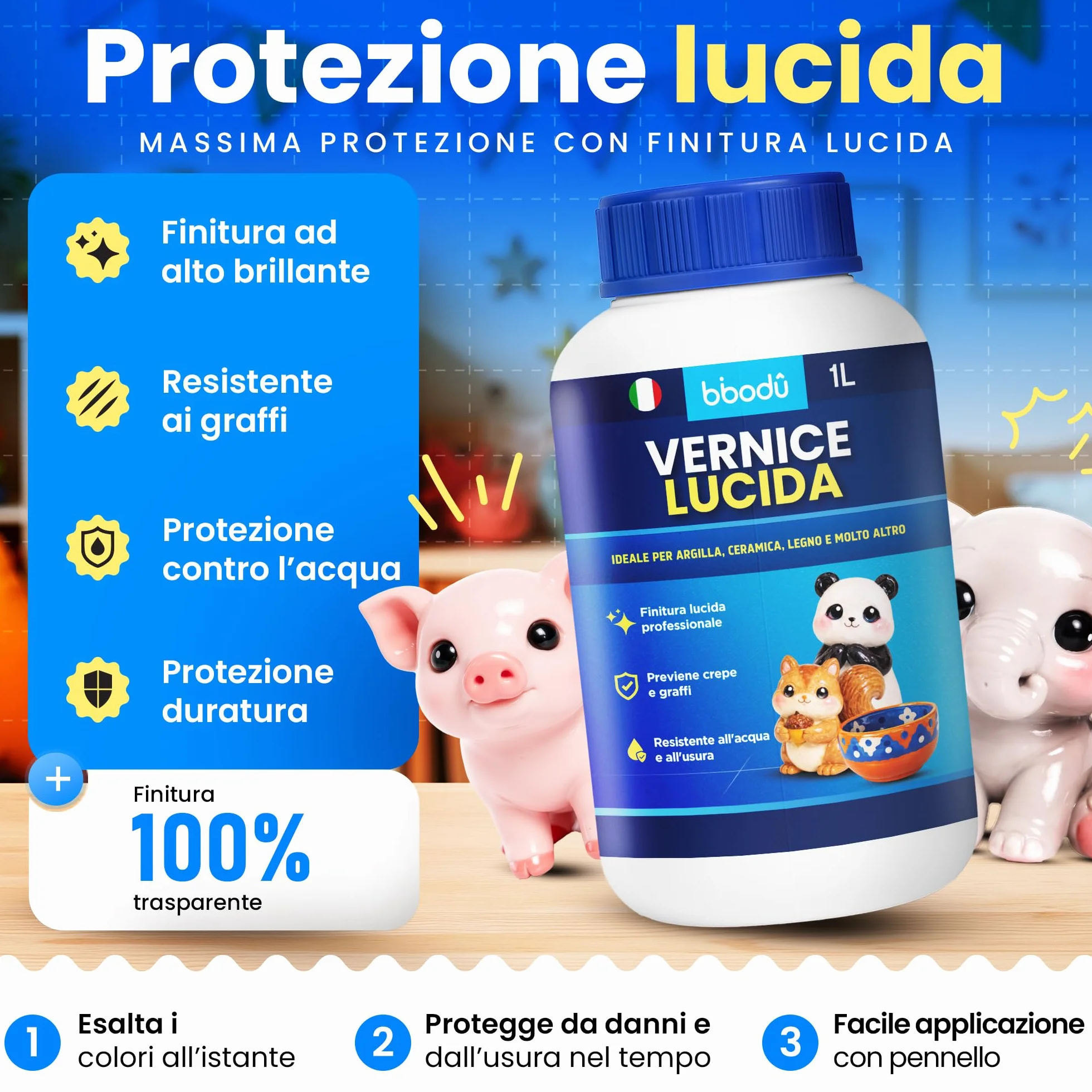 Vernice Acrilica Trasparente Lucida 1L | Previene Crepe e Graffi | Resistente all’Acqua e all’Usura | Adatta per Argilla, Ceramica, Pasta Modellabile, Legno e Terracotta