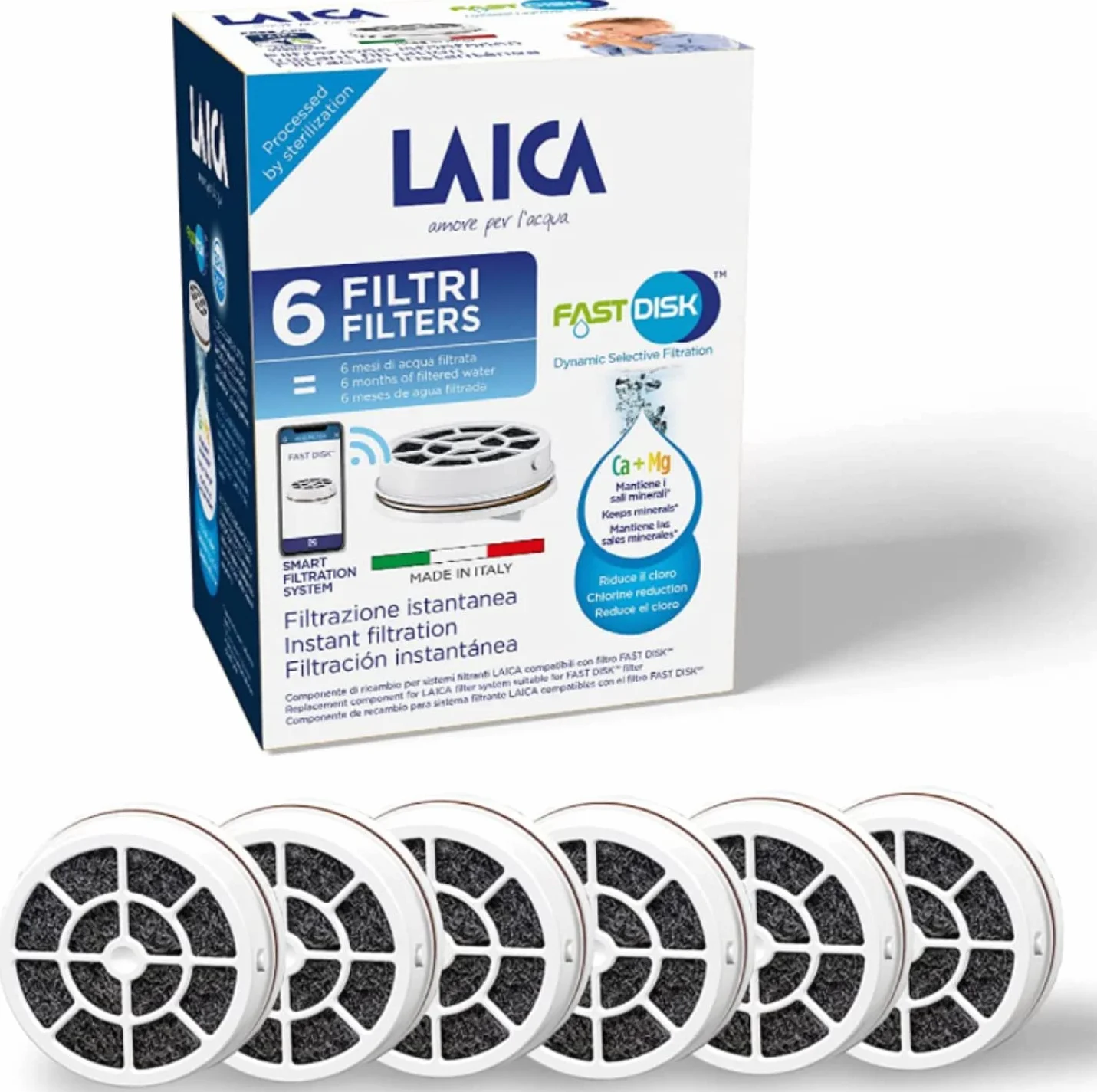 Laica Filtro Fast Disk per Bottiglia e Borraccia Filtrante, Carboni Attivi, Made in Italy, Filtrazione Istantanea, 6 Filtri