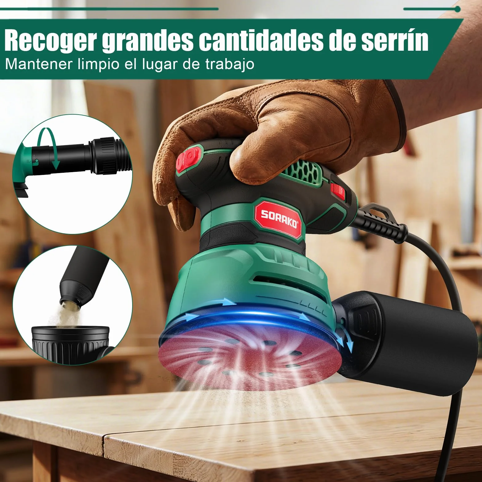 SORAKO Levigatrice orbitale 350W, 125 mm, 6 velocità, 16 fogli abrasivi, raccolta polvere, funzione frenante rapido, per progetti hobby in legno
