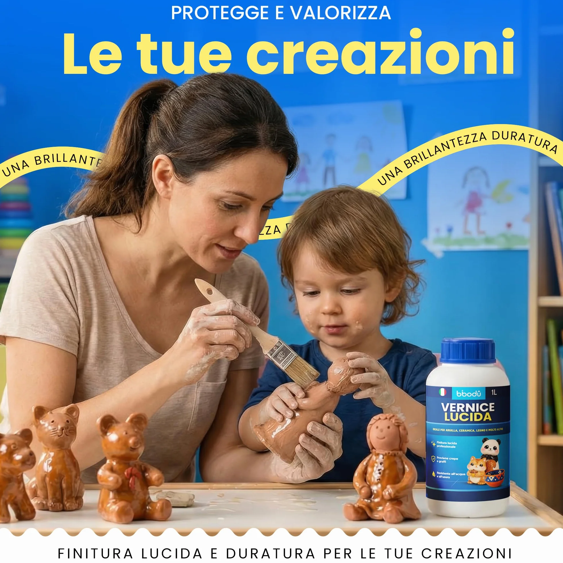 Vernice Acrilica Trasparente Lucida 1L | Previene Crepe e Graffi | Resistente all’Acqua e all’Usura | Adatta per Argilla, Ceramica, Pasta Modellabile, Legno e Terracotta