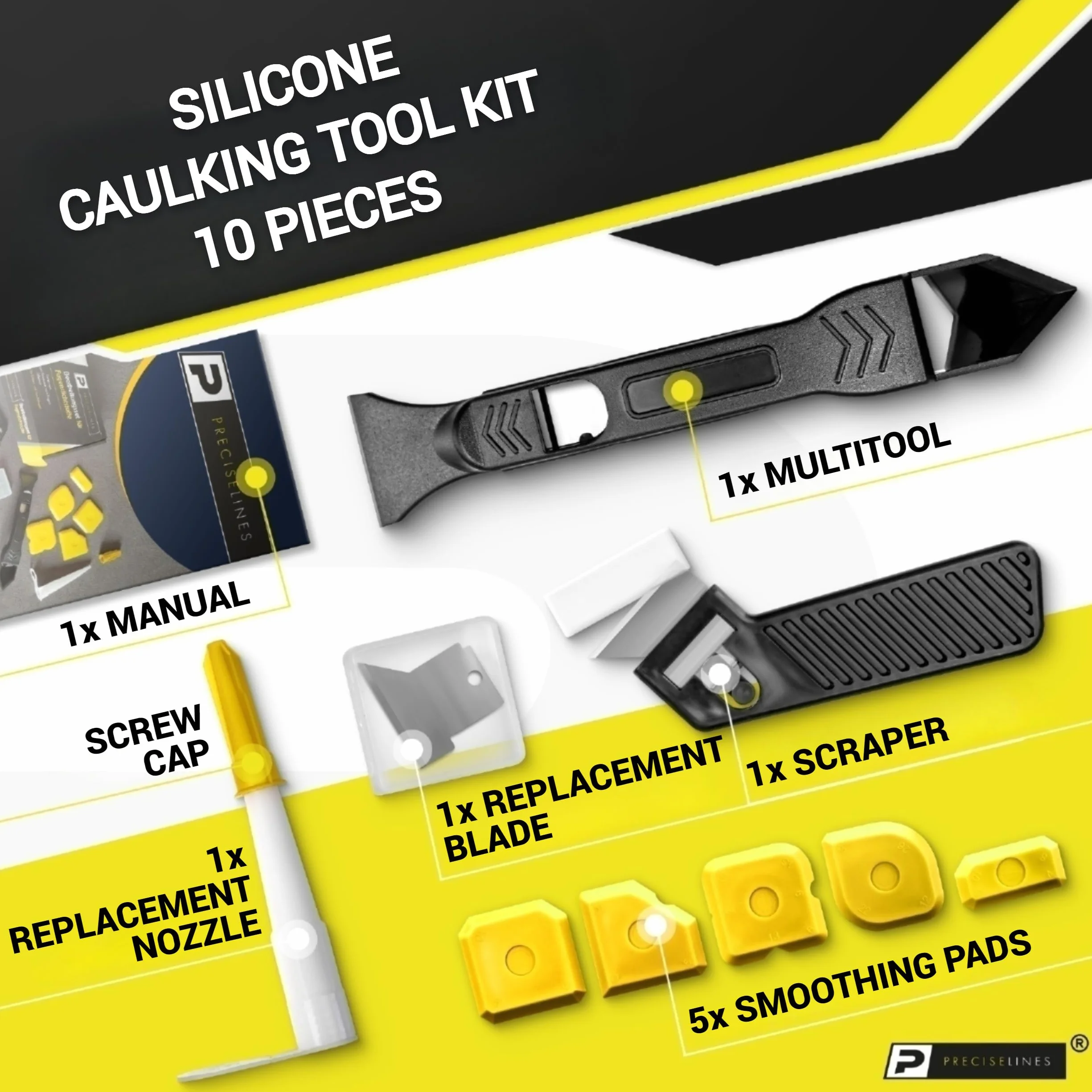Set di utensili per la rimozione e il rinnovamento di giunti in silicone PRECISE LINES (11 pezzi) | Strumento per la rimozione di giunti in silicone con levigatore per giunti in silicone, estrattore