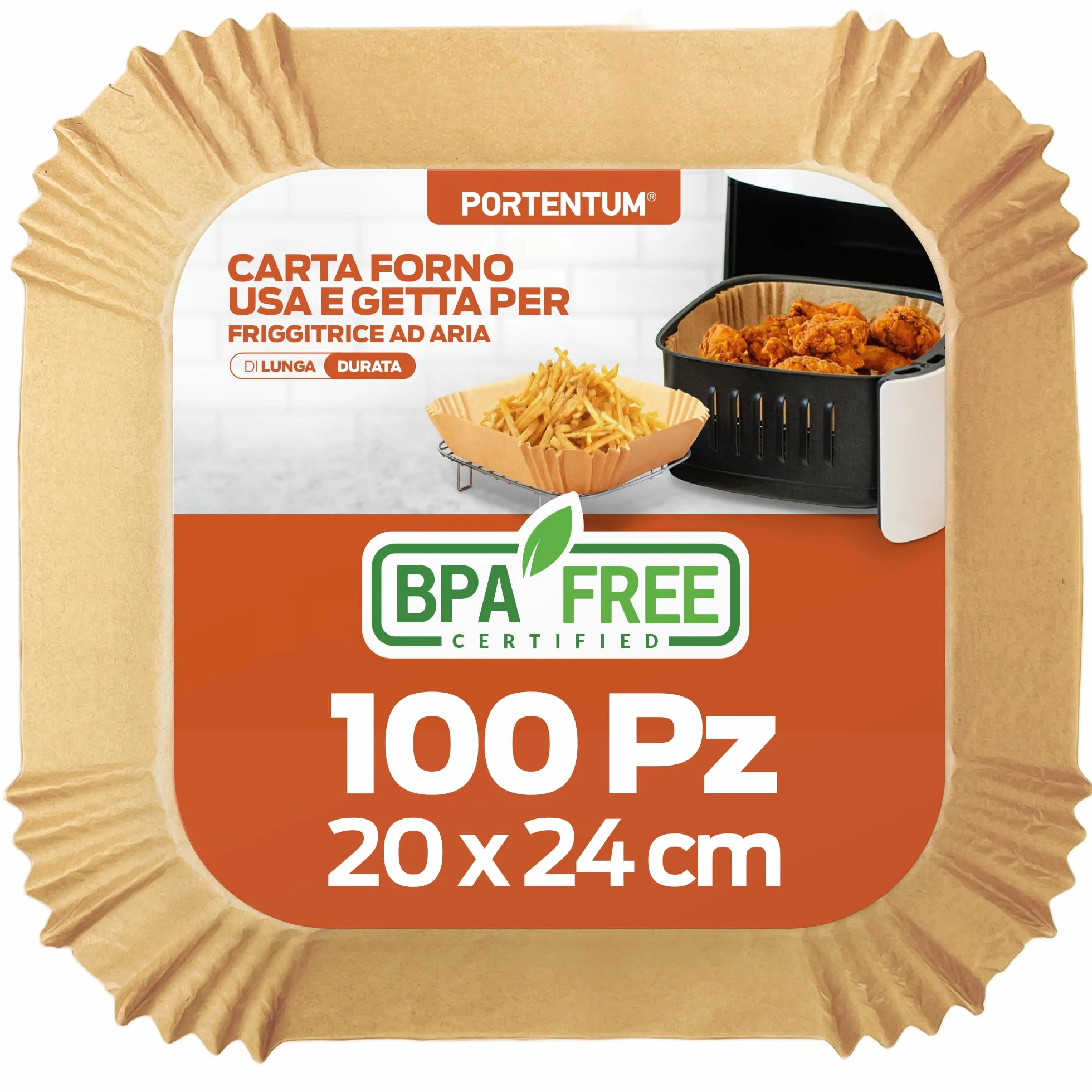 PORTENTUM Carta forno per friggitrice ad aria 100 unità quadrate 20–24 cm 5–8 L BPA Free