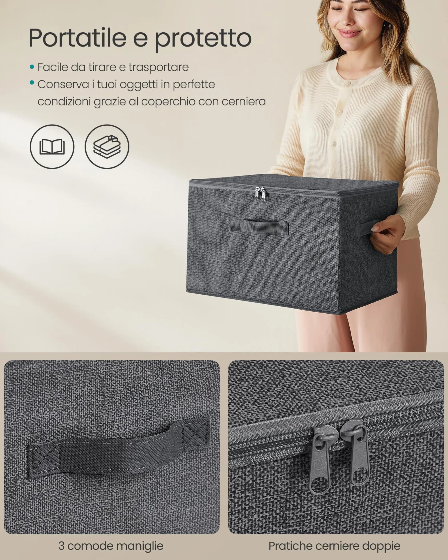 SONGMICS Scatole Portaoggetti con Coperchio Pieghevoli Set di 3 40x30x25 cm Tessuto non Tessuto Grigio Ardesia