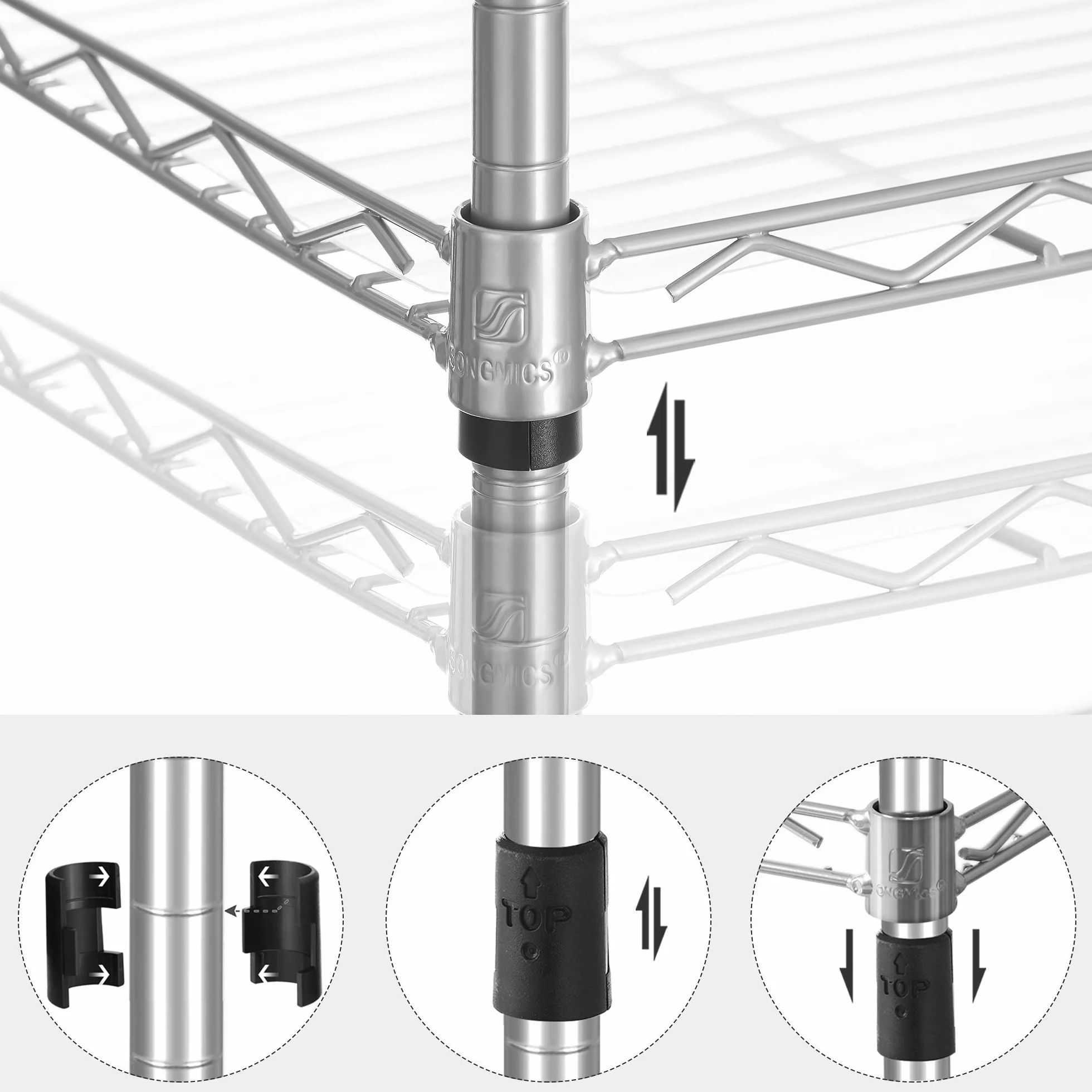SONGMICS Mensola da cucina, scaffale a 5 livelli, sottile, 8 ganci, mobile da bagno, tavola in plastica, regolabile in altezza, in metallo, per cucina, argento LGR115E01