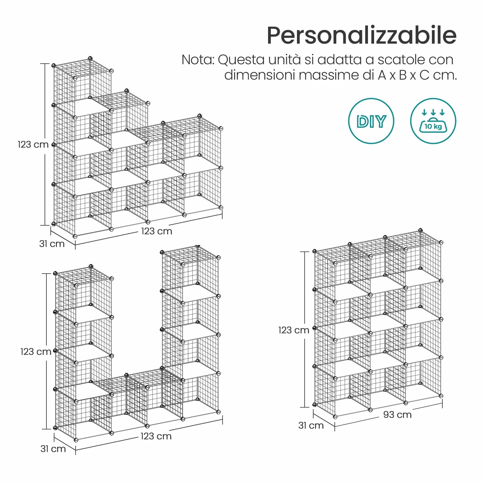 SONGMICS Scaffale a 12 Scomparti di Griglia Metallica, Organizzatore Modulare ad Incastro con Pannelli di Plastica PP, per Libri Scarpe Vestiti, Soggiorno Bagno, 31 x 93 x 123 cm, Nero LPI34H