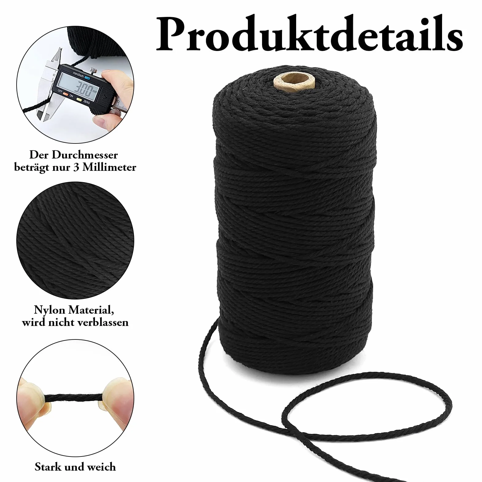1 Rotolo Macrame Corda Cotone Nero,Corda Macrame 3mm x 200m Corda in Poliestere,Filo Macrame Natural Cordoncino,Corda Nero Macramè Filo,per decorazioni, applicazioni
