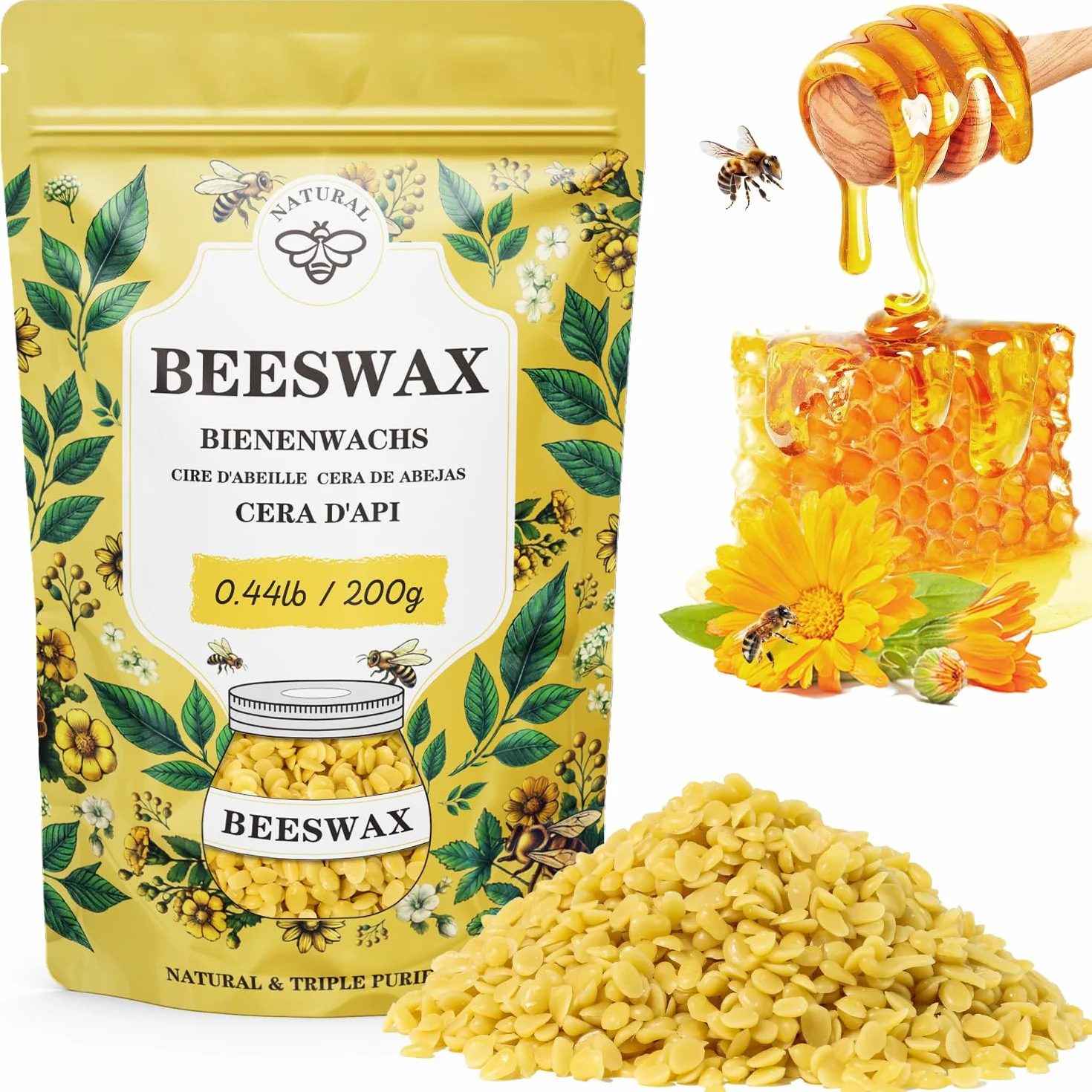 Cera D'api Gialla Biologica 200G, Cera D'api Gialla Pura e Naturale al 100% per La Cura Della Pelle Fai Da Te, Balsamo per Labbra, Smalto, Lozione, Sapone e Accessori per La Fabbricazione di Candele