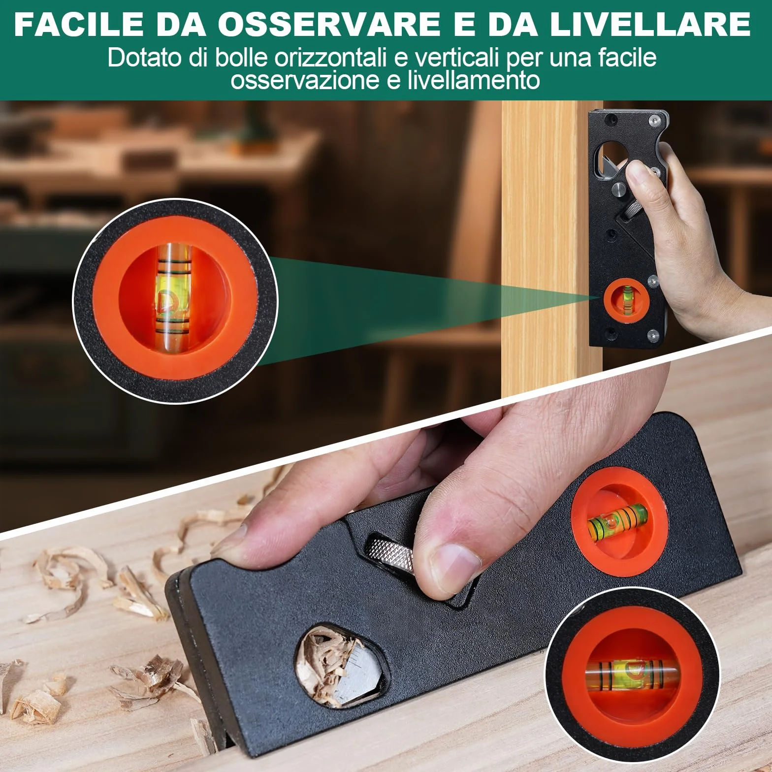 HYCHIKA Pialla per Legno con 4 lame (45°/3/5/6mm), Pialletto a Mano per Legno. Impugnatura Ergonomica, Livella a Bolla, Pialla Manuale per Legno per Falegnami e Carpentieri