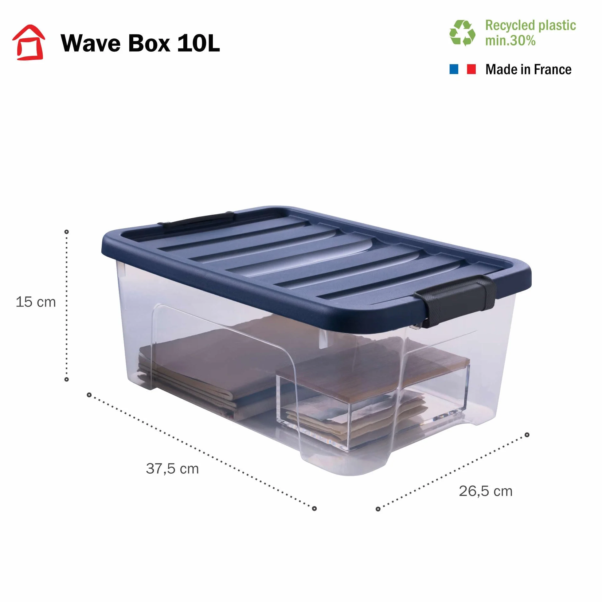 SUNDIS Wave Box, scatola portaoggetti 10l, con coperchio a clip, plastica trasparente, impilabile, ideale per la camera da letto, lo spogliatoio, le scarpe, l'ufficio