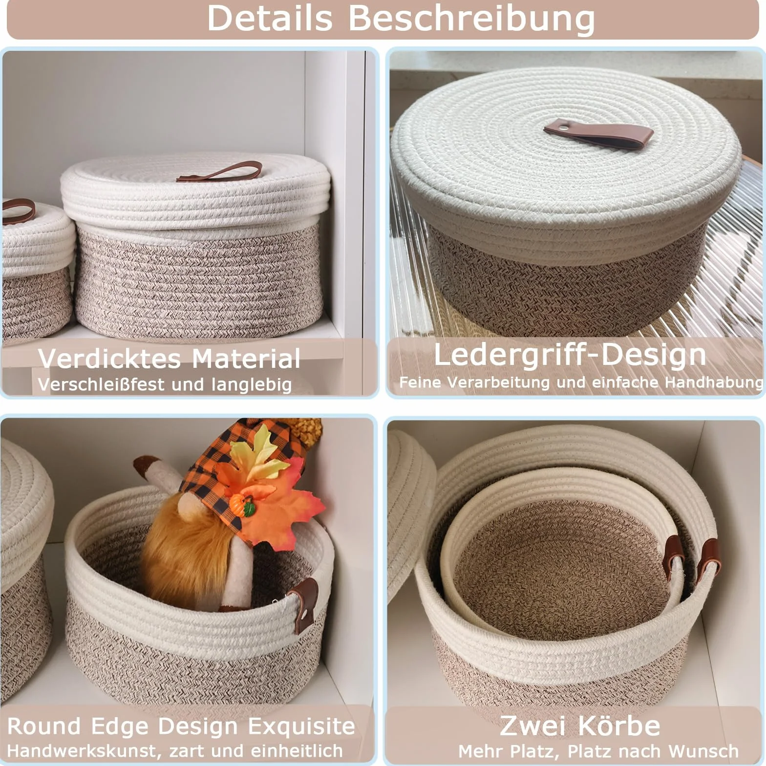 2 Pezzi Cestini Portaoggetti con Coperchi - Cestino in Corda di Cotone con Coperchio - Filo di cotone naturale, fibbia in pelle, Cestino Decorativo con Coperchio - Cestino Portaoggetti