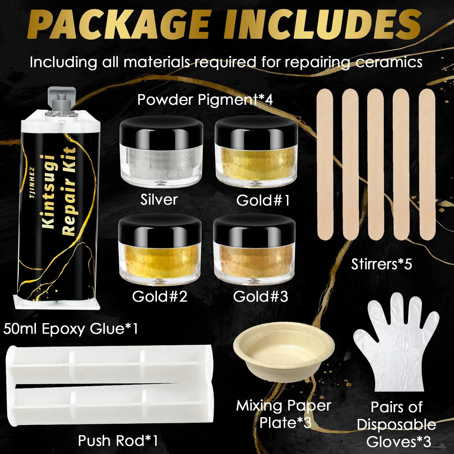 Kit di Riparazione Kintsugi 50ml - Colla Alimentare Oro per Porcellana e Ceramica | Set di Riparazione Oro Adatto per Ceramica, Porcellana, Vetro, Giada e Sculture
