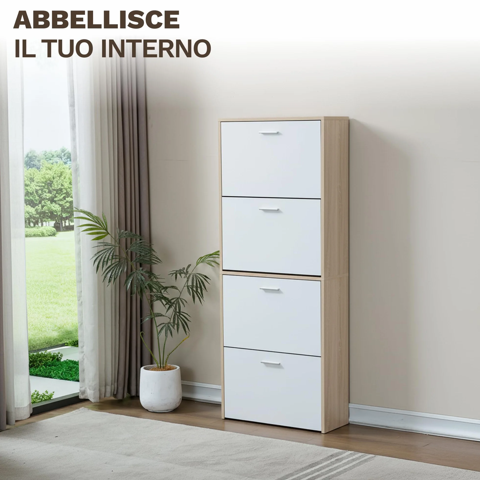 CATAVANA Scarpiera salvaspazio slim 60 cm in legno bianco, scarpiera da ingresso con 4 ante, scarpiera 24 paia, design moderno alto e stretto, ideale come portascarpe ingresso