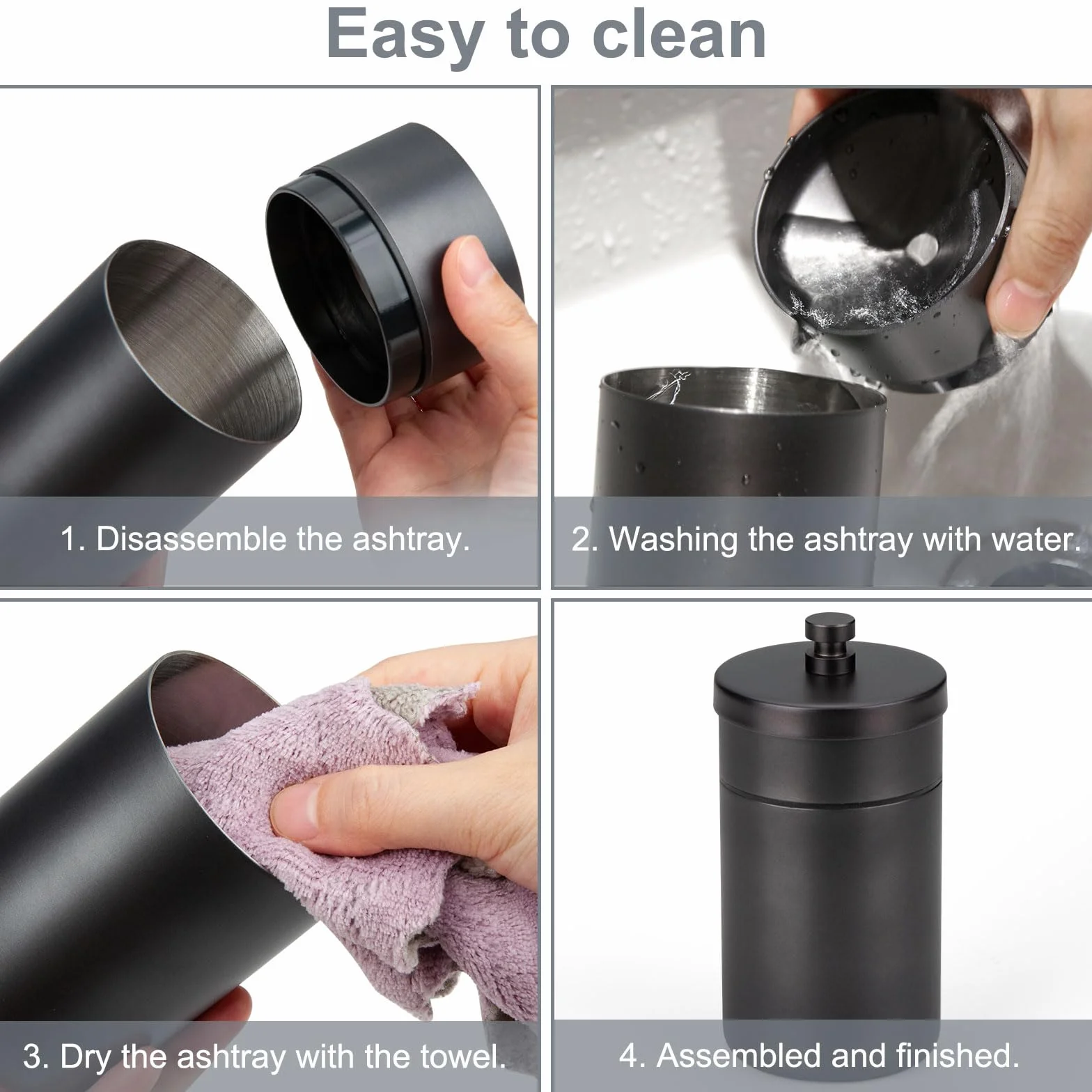 Posacenere Antivento con Coperchio in Acciaio Inox, Antiodore per Esterni, Nero