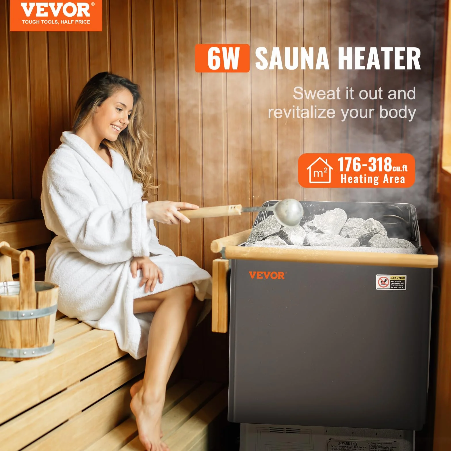 VEVOR Stufa per Sauna Stufa Elettrica per Sauna 6 kW, Riscaldatore Portatile per Sauna Interno/Esterno 400 V 3 N con Timer da 3 Ore con Regolatore Digitale Uso Domestico 5-9 m³ Spa Commerciale Hotel
