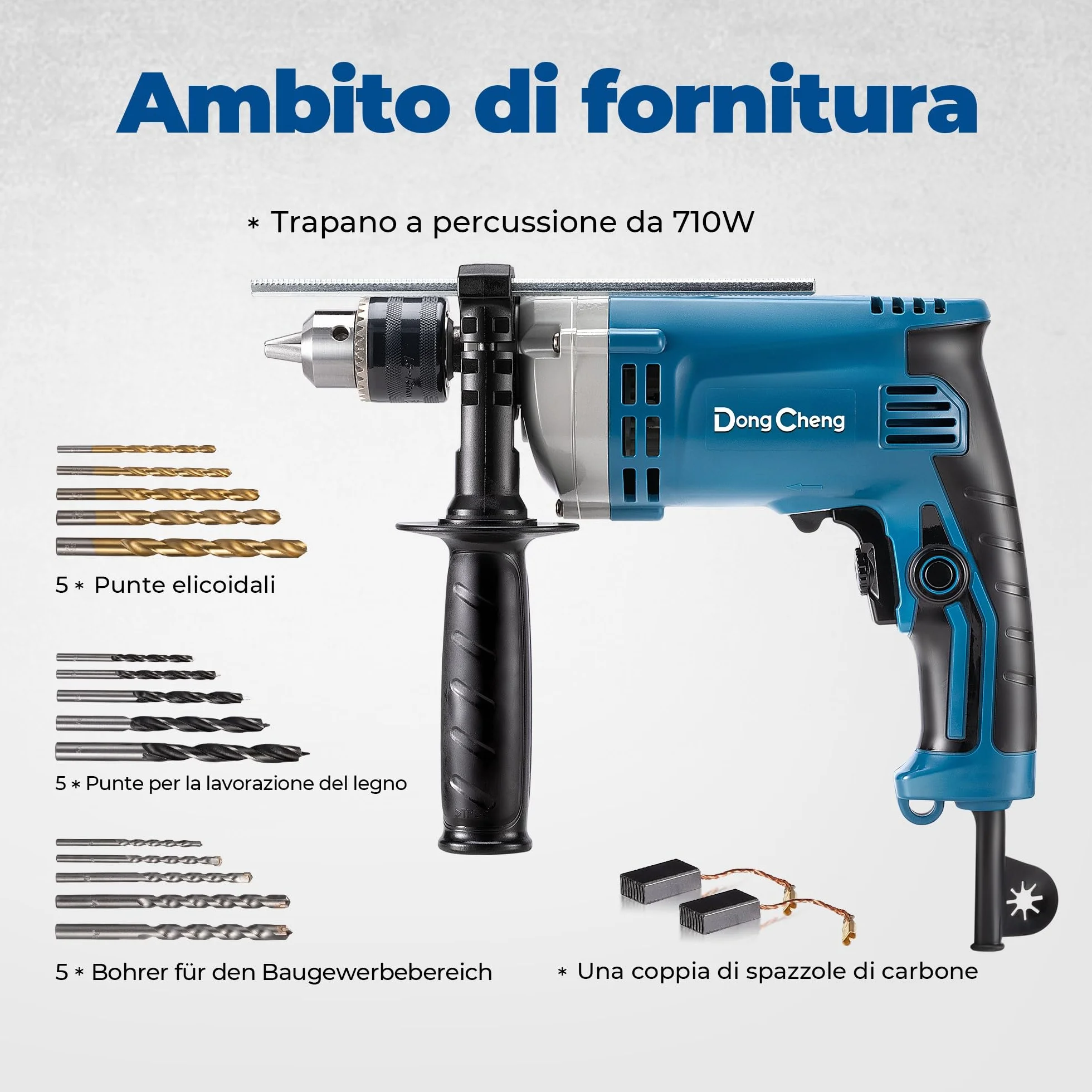 DongCheng Trapano a percussione 710W, trapano 2-in-1, mandrino da 13mm, 45.000 IPM, 3000 RPM, manico girevole a 360°, con 15 punte per metallo, legno e mattoni
