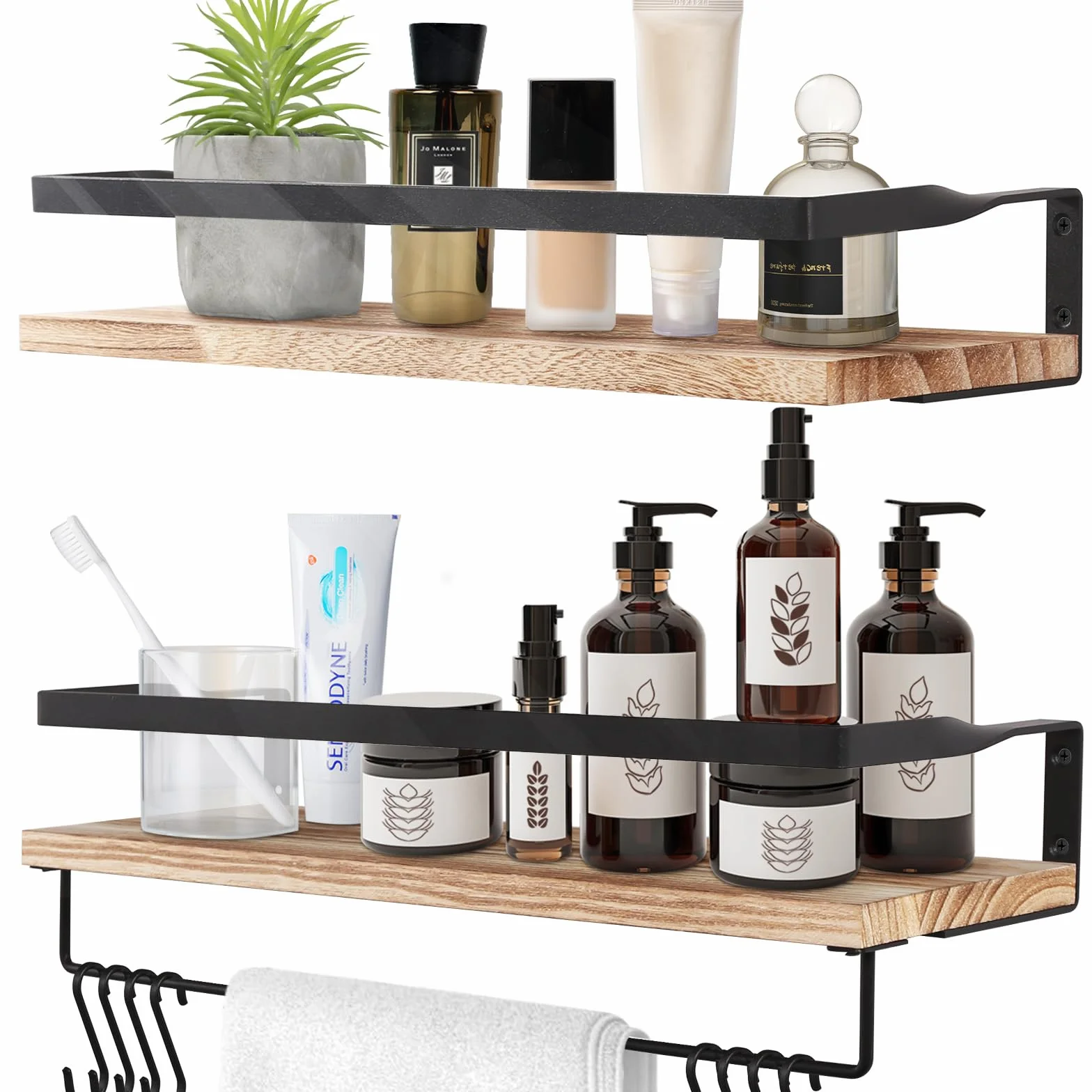 Uten Mensole da Muro Design Moderne, Set 2 Pezzi Mensole da Muro in Legno con Portasciugamani e Ganci, Mensole Sospesa da Parete Rustico per Cucina, Bagno, Salotto, Ufficio, 42 x 15 x 6,8 cm