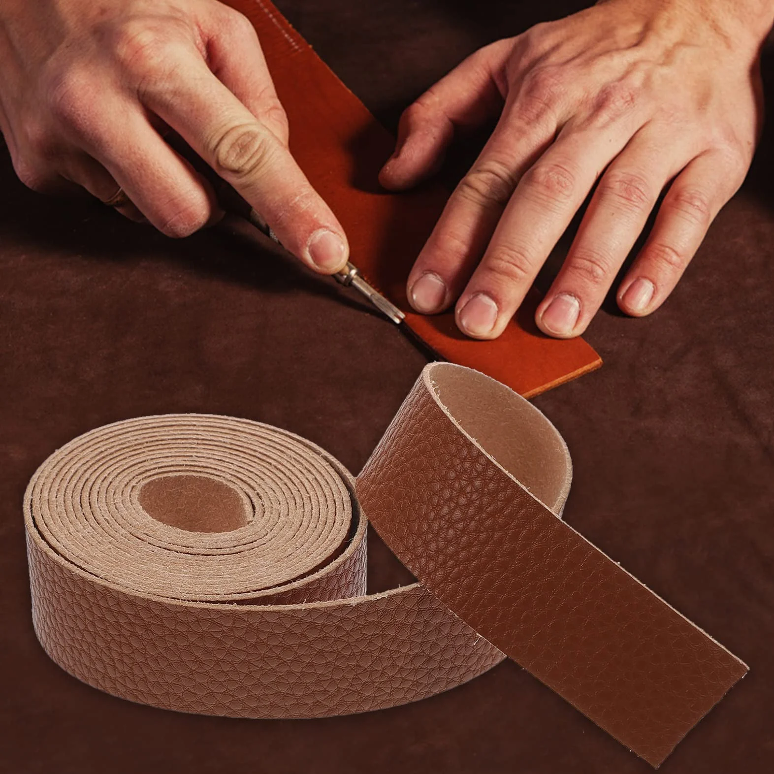 Pelle Pu Marrone Trama Litchi Striscia per Bricolage Tagliabile