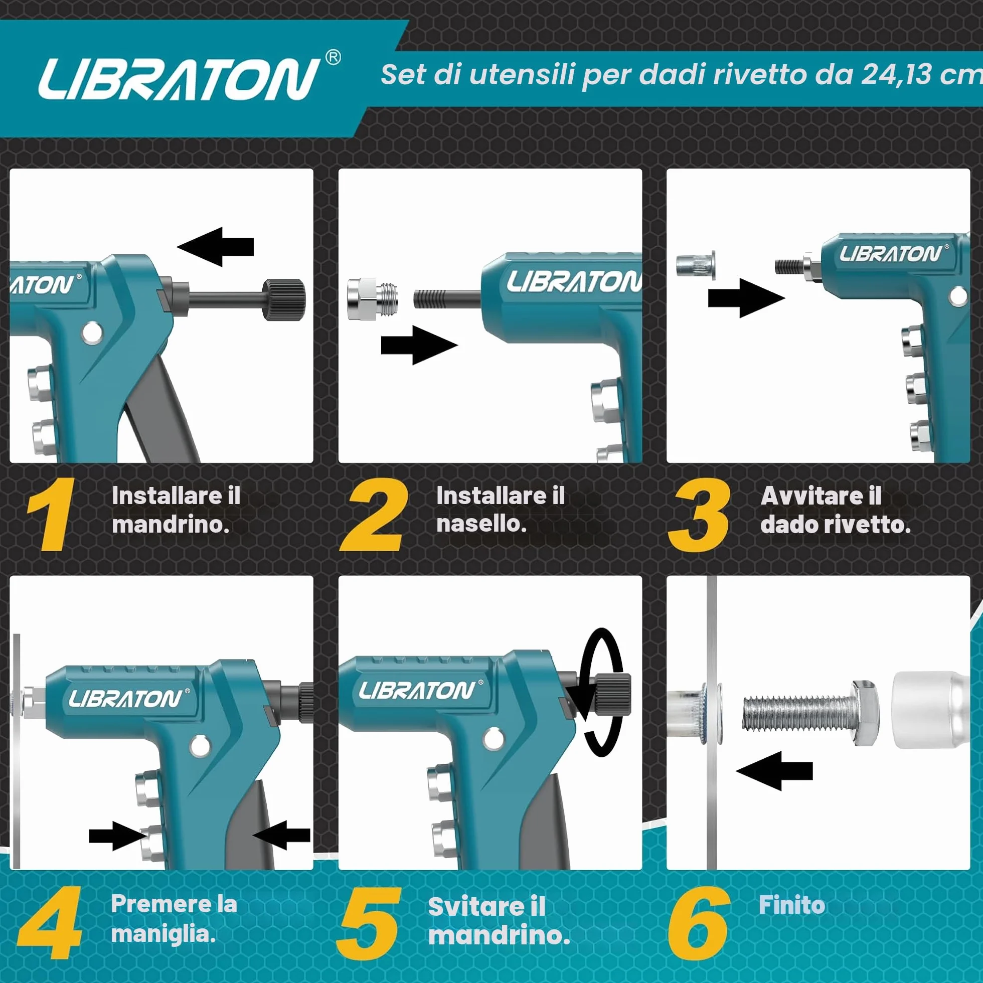 Libraton Dado Rivettatrice Professionale 9,5", Pistola Rivetti Inserti Filettati, Pinza Manuale Rivetti Dadi, 40pz Dadi M3 M4 M5 M6