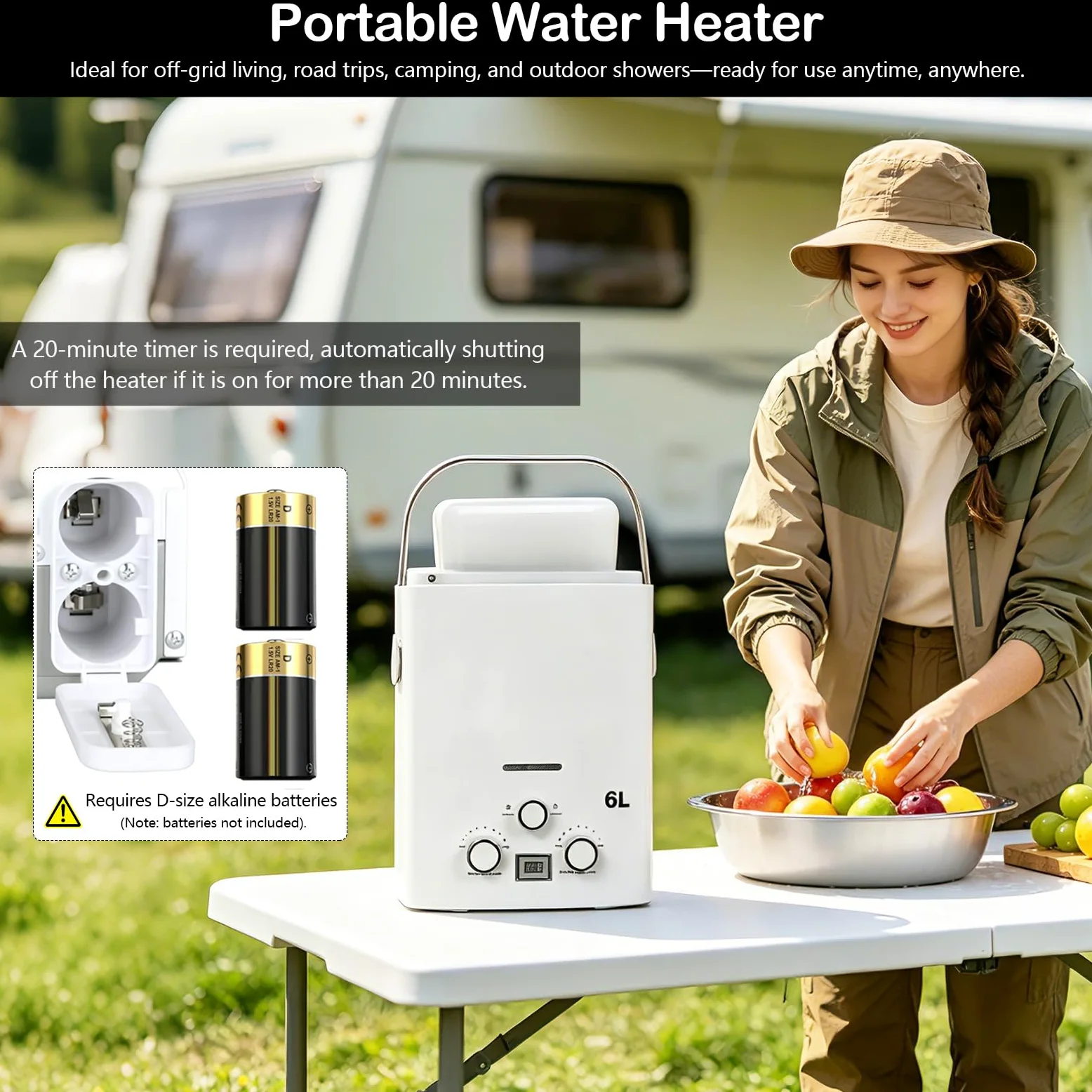 Scaldabagno A Gas Istantaneo Da 6 Litri, 12 Kw Portatile Per Camper E Roulotte Con Maniglia E Soffione Doccia Per Esterni Giardino Campeggio Caravan 40x30x13 Cm