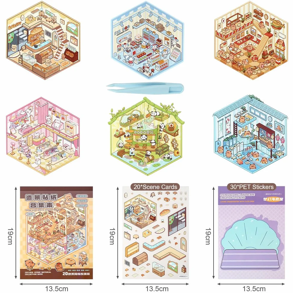 Vicloon Adesivi 3D per Casa in Miniatura,20 Set Adesivi per la Casa Fai Da Te,scene di cabine simulate in miniatura con Una Pinzetta,Attività Rilassante Creativa Antistress per Bambini e Adulti
