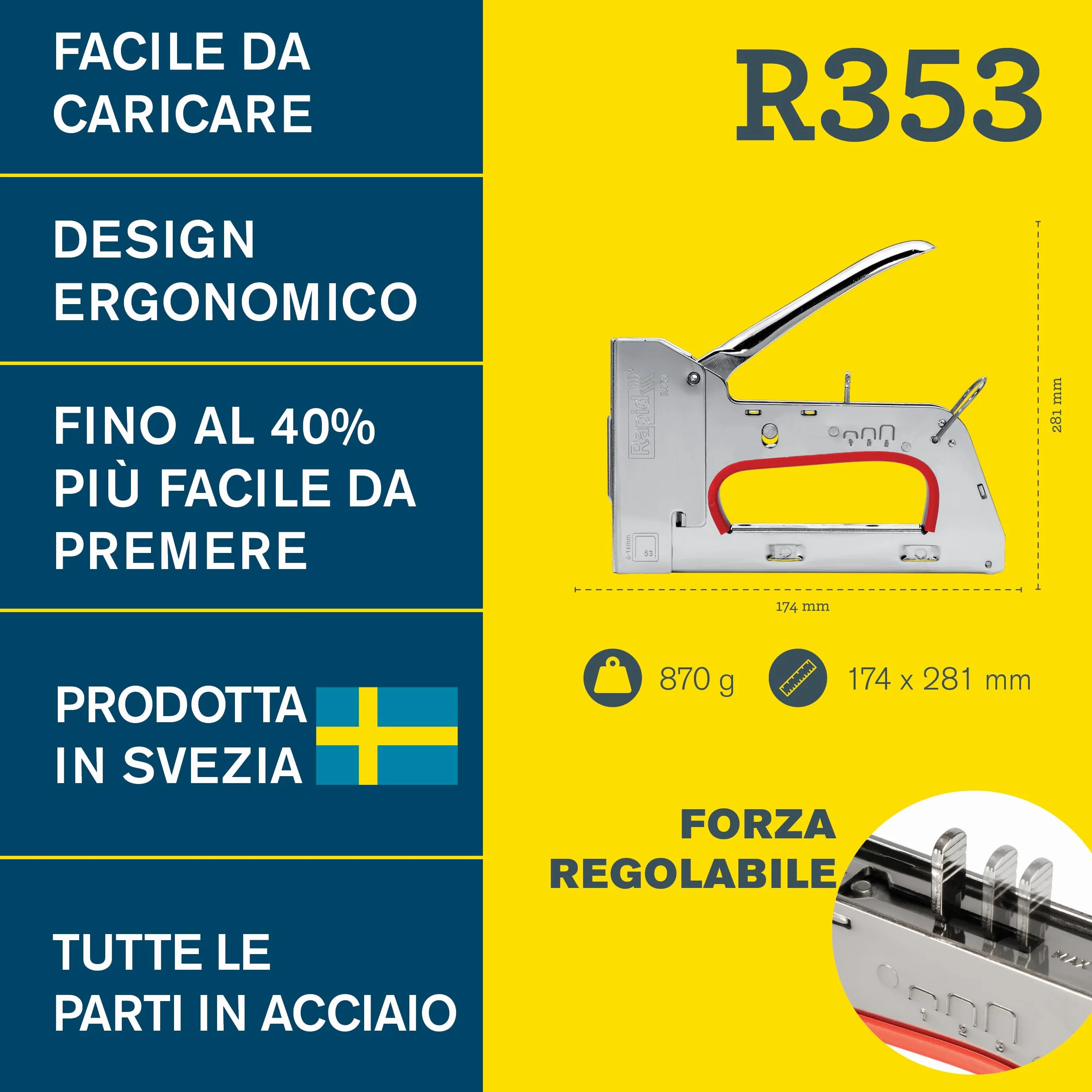 Rapid R353 PRO Graffatrice Manuale per Graffe n. 53, Dotata di Impugnatura Ergonomica, Regolatore di Forza in 3 Fasi, Adatta per Lavori di Tappezzeria Pesante, Realizzata in Svezia (5001666)
