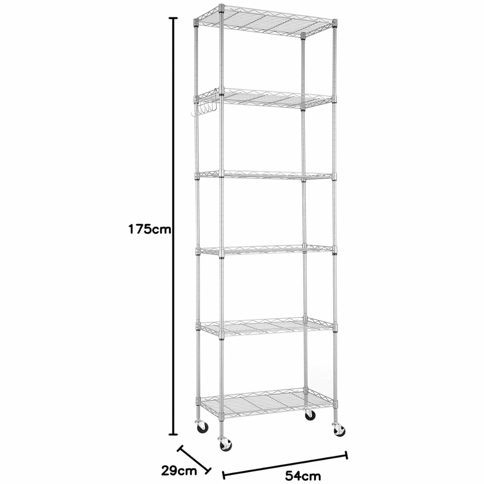 Himimi Scaffale in Filo Metallico a 6 Livelli con Ruote, Regolabile in Altezza, Scaffale in Piedi Resistente con Gancio per Bagno Cucina Garage Camera da Letto Argento