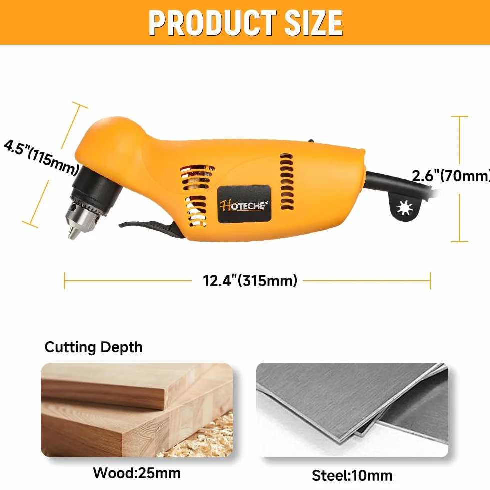 Hoteche Trapano angolare 450 W, potente 220-240 V, 0-1400 giri/min, registrazione chiave 10 mm, regolatore variabile, spina VDE, accessori inclusi