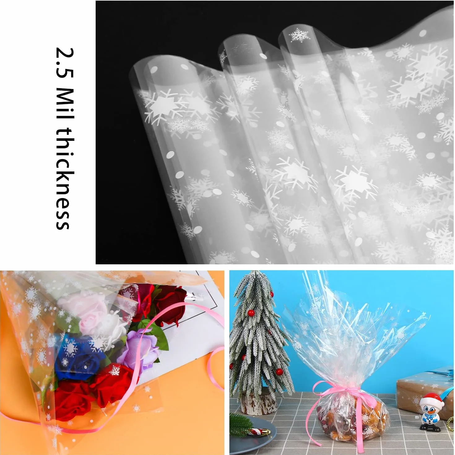 SULOLI Carta Trasparente per Confezioni,80 cm x 30 m Cellophane Trasparenti,Rotolo Carta Regalo Fiocchi di Neve per Cesti,Imballaggio di Natale