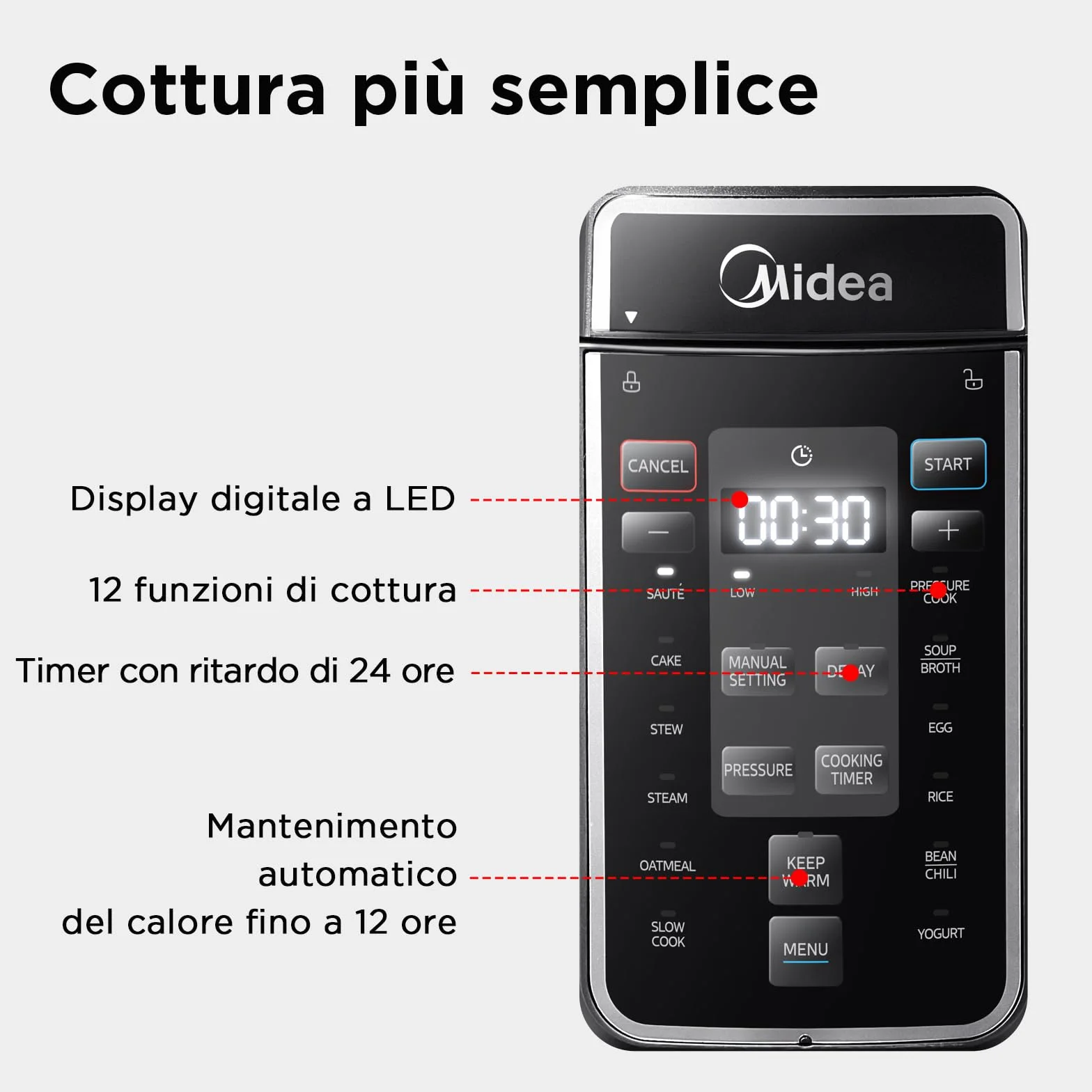 Midea Pentola a pressione elettrica 9 in 1, 12 preset multicooker istantaneo antiaderente, pentola per yogurt, cuoci riso Slow Cooker Sauté, pentola interna in acciaio inox, 8 quarti nero