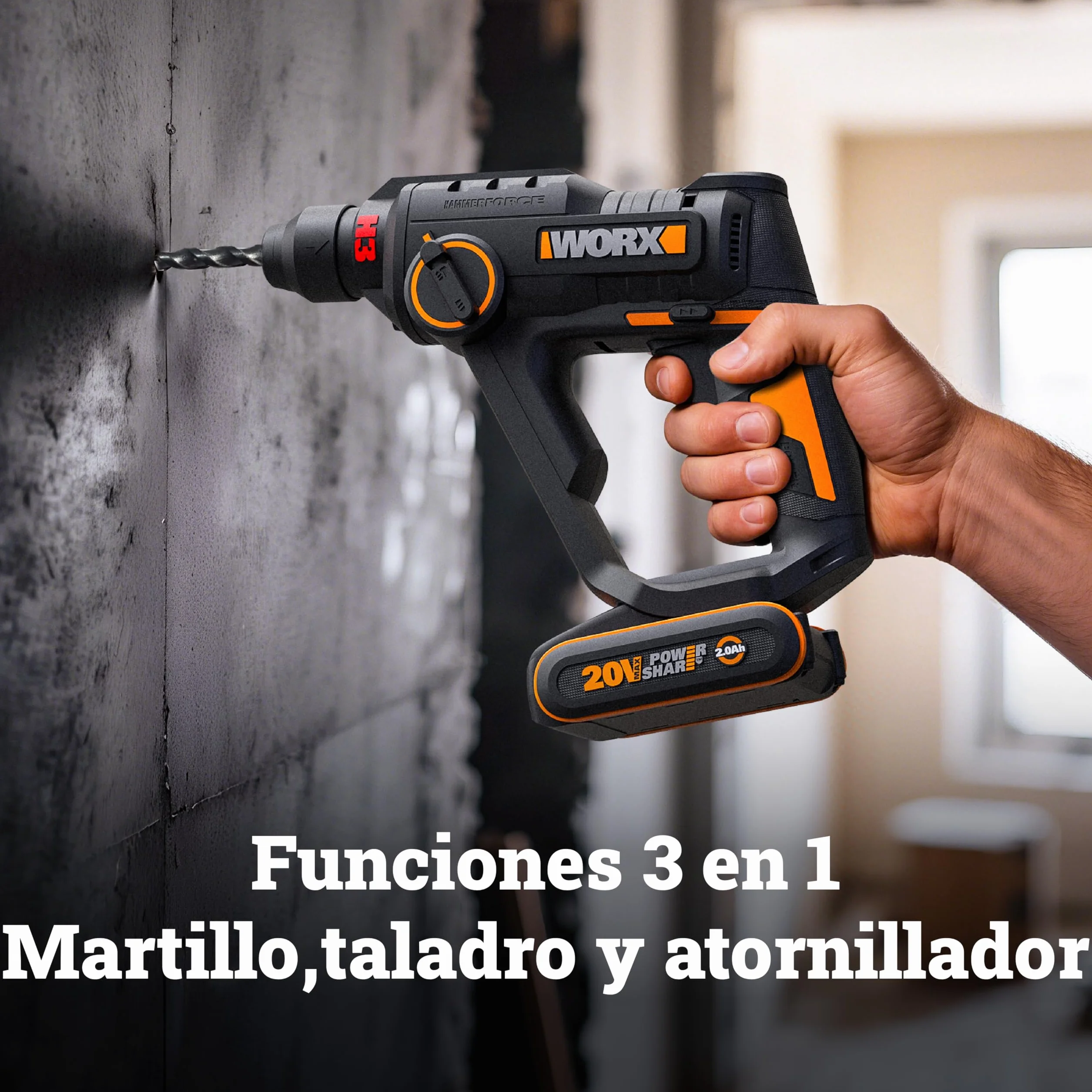 WORX Martello perforatore senza fili 20 V 1,2 J WX391, foratura rapida in calcestruzzo, 3 funzioni in 1, fornito con 10 punte per calcestruzzo, legno e metallo, batteria 2 Ah e caricatore rapido 2 A