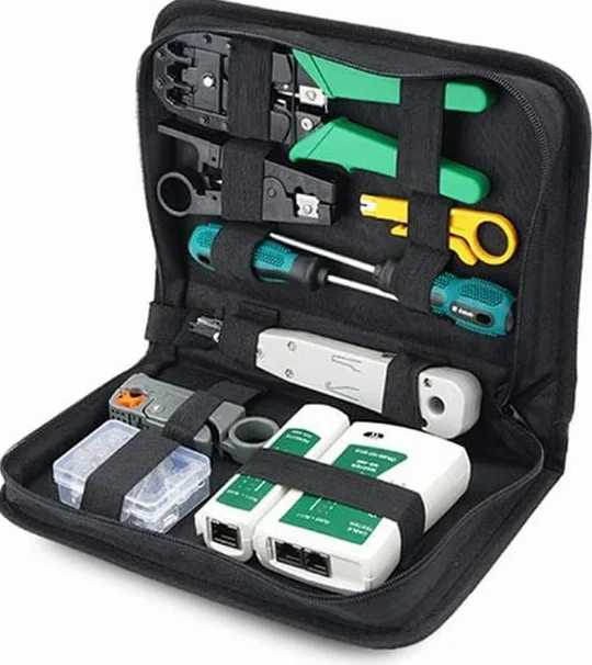 SQUADO Profesjonalny Zestaw Narzędzi do Naprawy Sieci, Tester Kabli RJ11 RJ45, Kable Patch, Czarna Torba