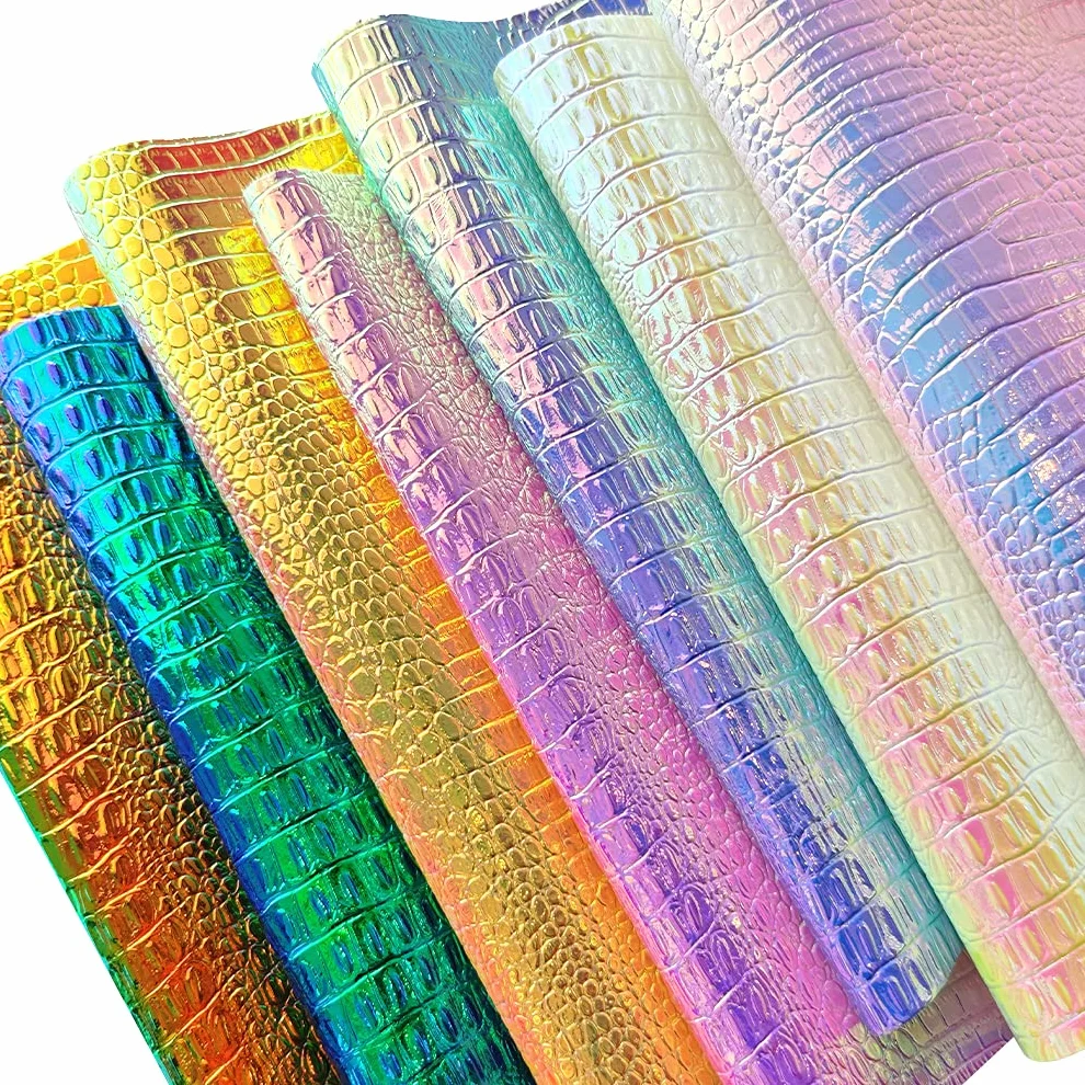 Confezione da 7 fogli in finta pelle metallizzata iridescente effetto coccodrillo con elementi di animali testurizzati in colore brillante A4 Bump PU per orecchini, fiocchi per capelli e progetti fai