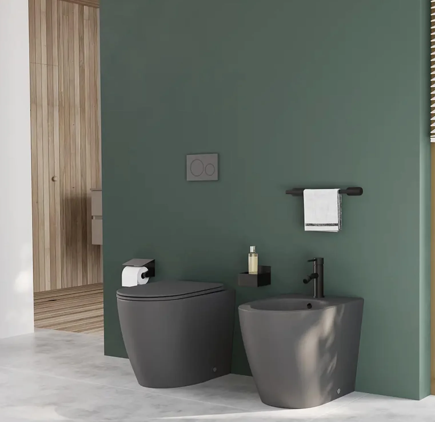 Coppia di sanitari filomuro ceramica grigio opaco vaso rimless copriwc soft-close e bidet ASIA SMALL
