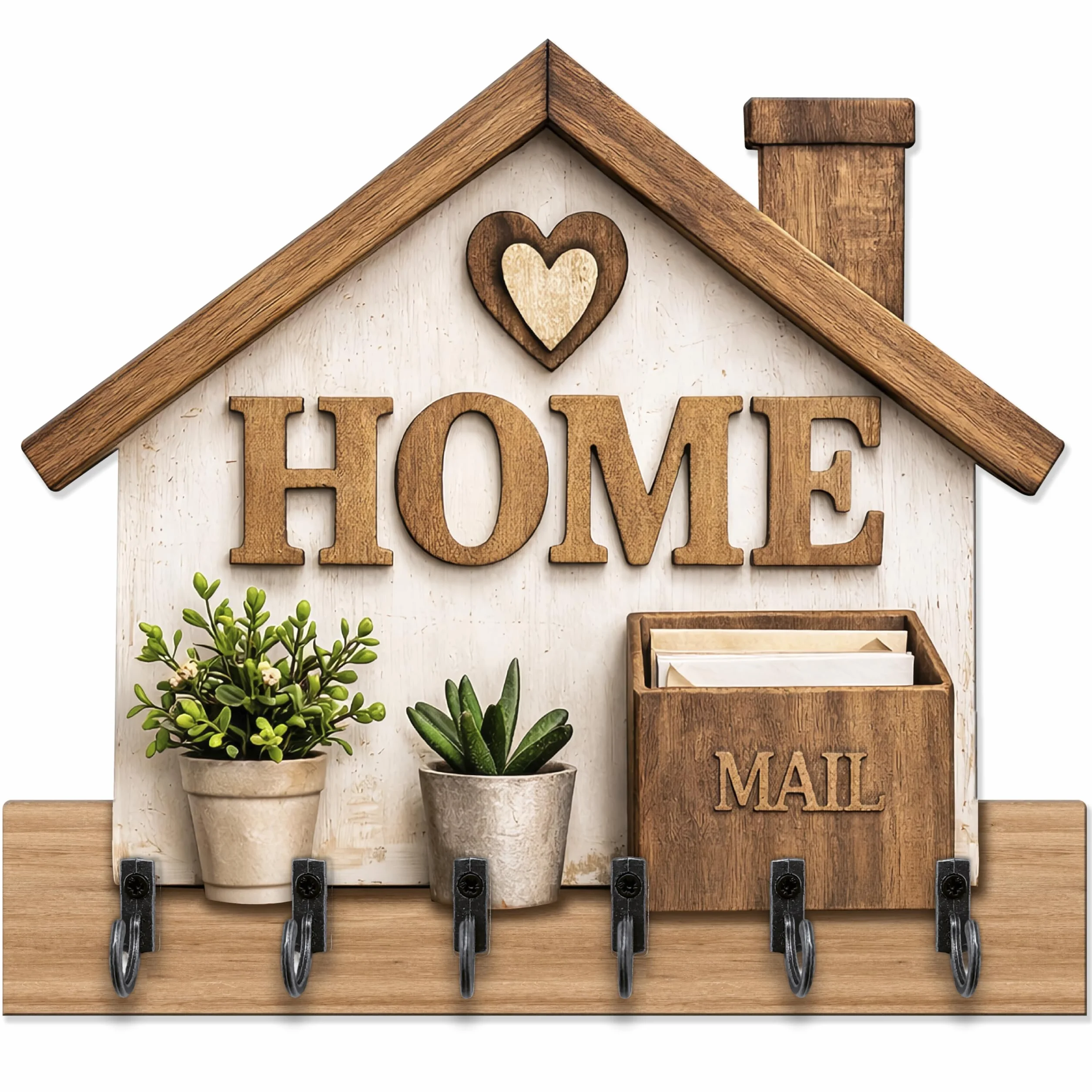 DEKORI Appendichiavi da Parete HOME in Legno Portachiavi da Muro 6 Ganci Metallo Decorazione Ingresso Casa Stile Country Moderno Organizer Chiavi Parete Made in Italy