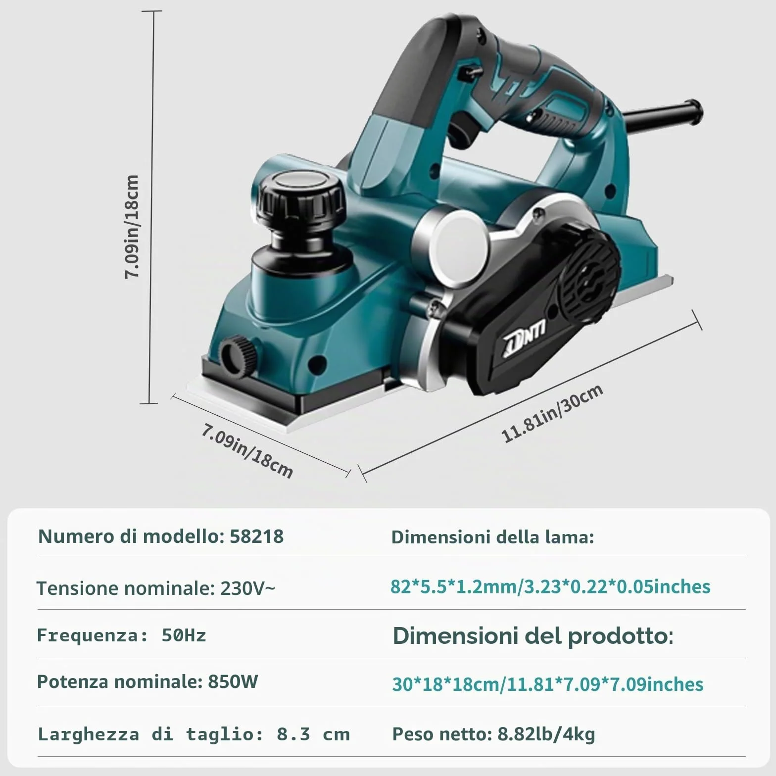 DNTI pialla elettrica per legno Tensione pialla per legno elettrica 220-240V Potenza 850 W Giri Min. 17000 Largh Pialla 82 Mm Profondità Asportazione 2 Mm per la Lavorazione del Legno Rifilatura 58218