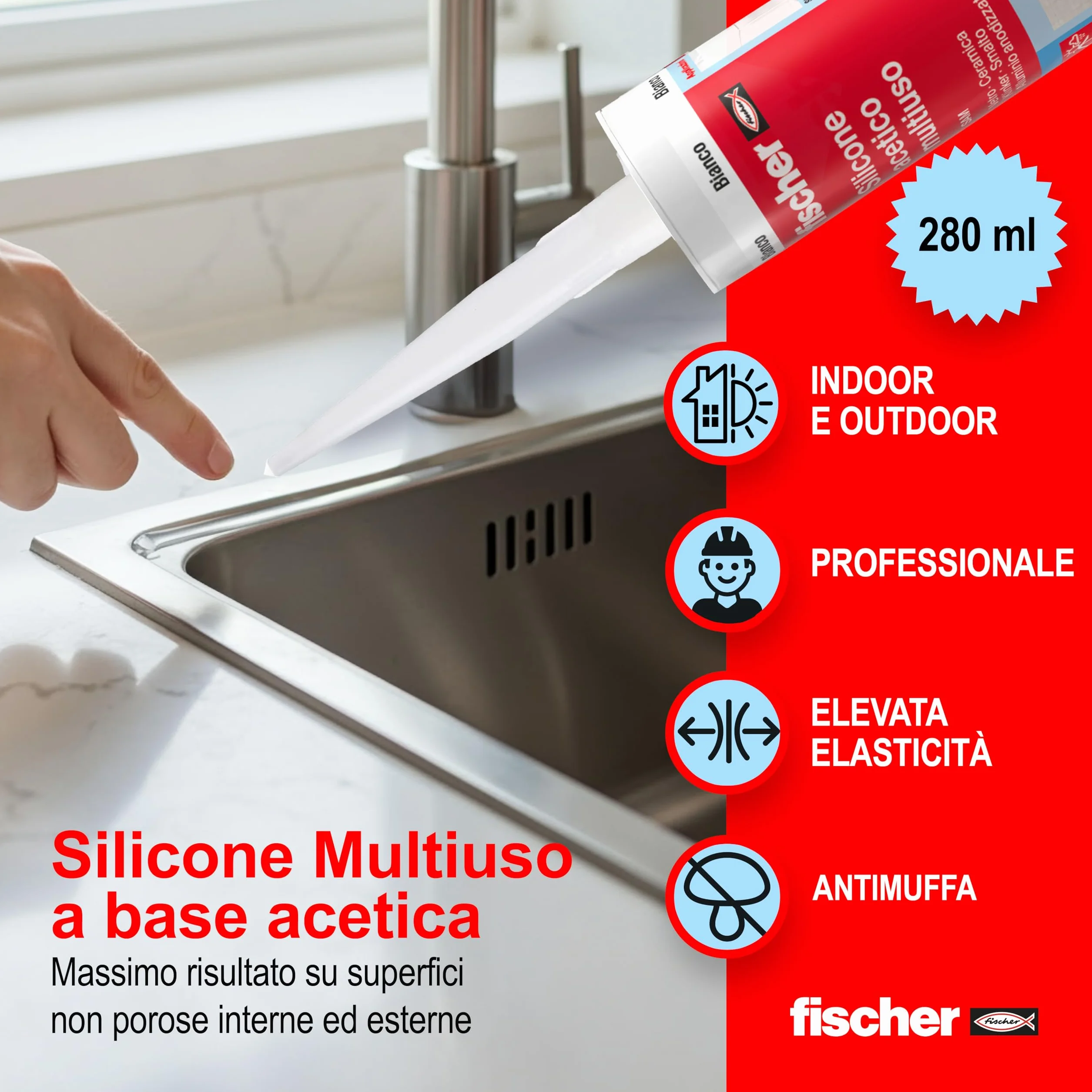 Fischer Silicone Acetico Multiuso SAM 280 Trasparente, Sigillante Antimuffa per Vetro, Alluminio, Smalto, Ceramica, Adatto per Bagno e Cucina, 9351