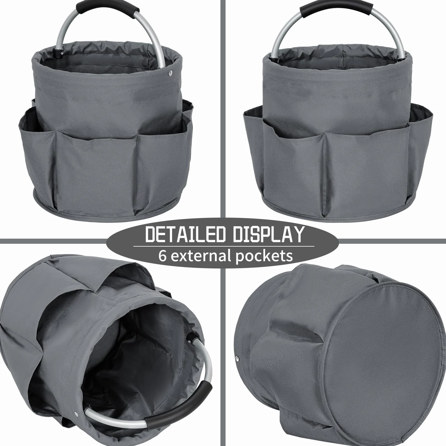 Contenitore per la pulizia con manico pieghevole, organizer tasche, borsa strumenti grigio