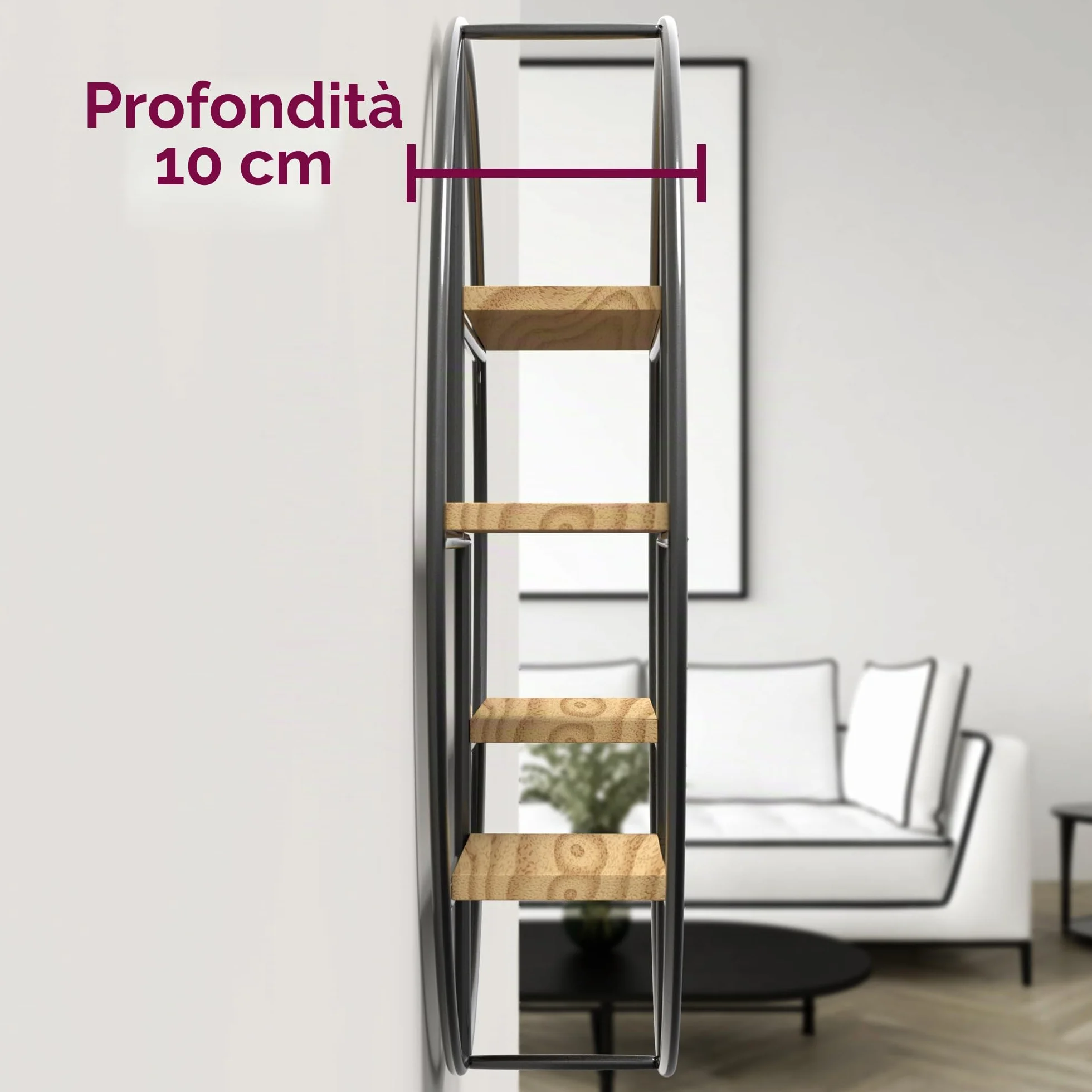 Gadgy Mensola Rotonda da Parete con 4 Ripiani - Mensola Galleggiante in Legno e Metallo Stile Industriale, Già Assemblata e Pronta da Appendere - 42 x 10 cm