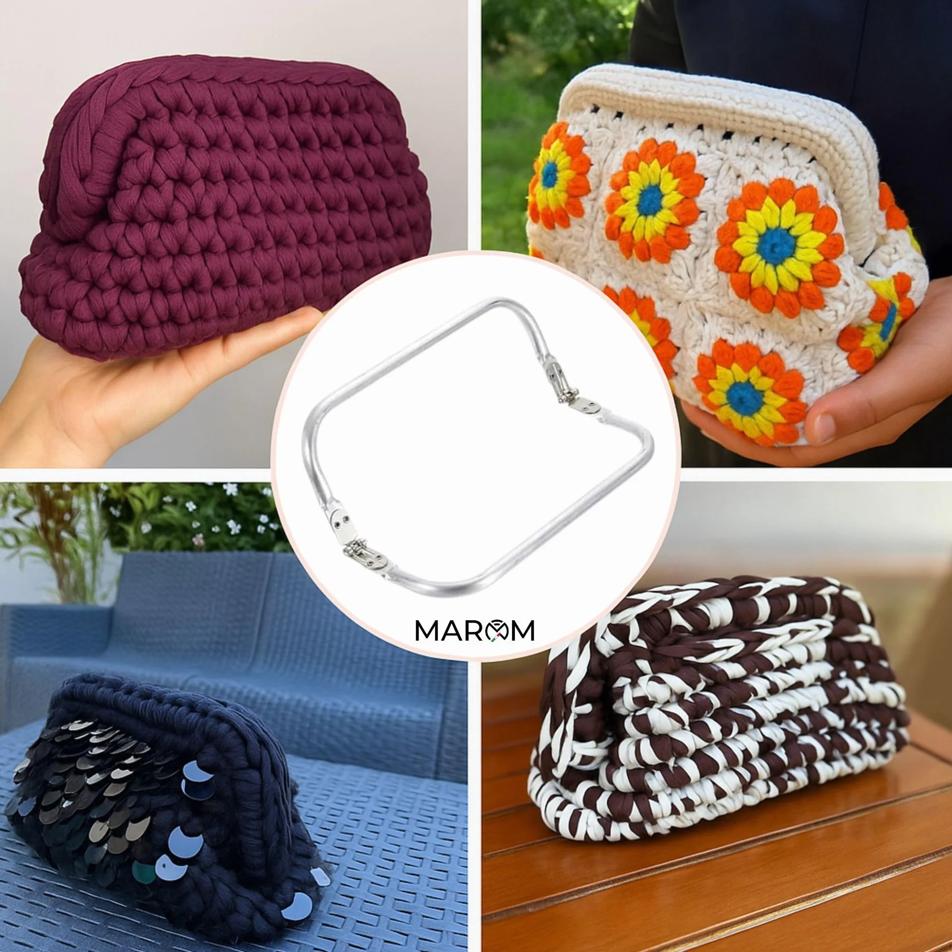 MAROM - Chiusura Borsa Uncinetto A Molla in Alluminio, 4 Manici per Borse Uncinetto Fai da Te 16cm, 18cm, 20cm e 22cm + EBOOK in Omaggio sulla Creazione della Tua Clutch Bag