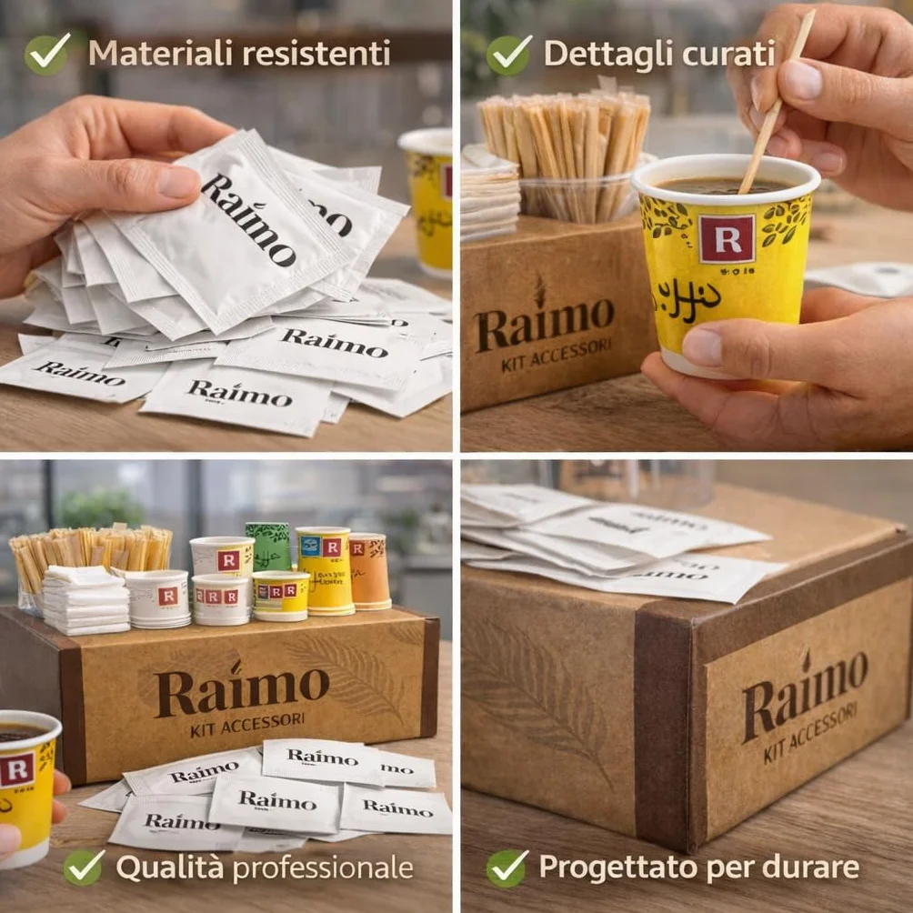 Kit 1800 Accessori Caffè Completo - 600 Bicchierini Carta Biodegradabili 75 ml + 600 Palettine Legno + 600 Bustine Zucchero, Set Pausa Caffè