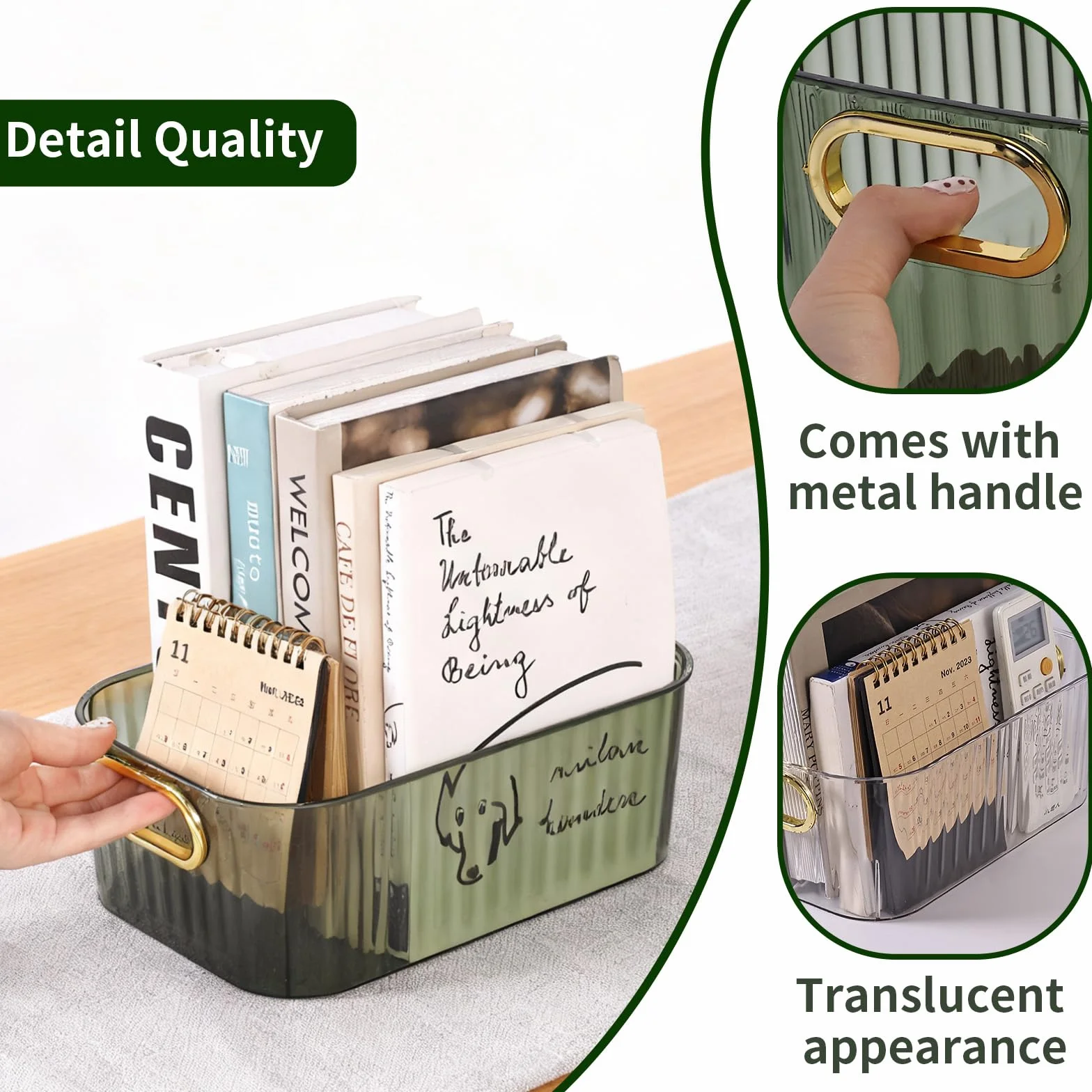 Esila Cestini Portaoggetti in Plastica, 2 Pezzi Organizer con Manici Dorati, Scatole Portaoggetti Trasparente e Verde, Ideale per Bagno, Cucina, Ufficio, Vestiti e Trucco
