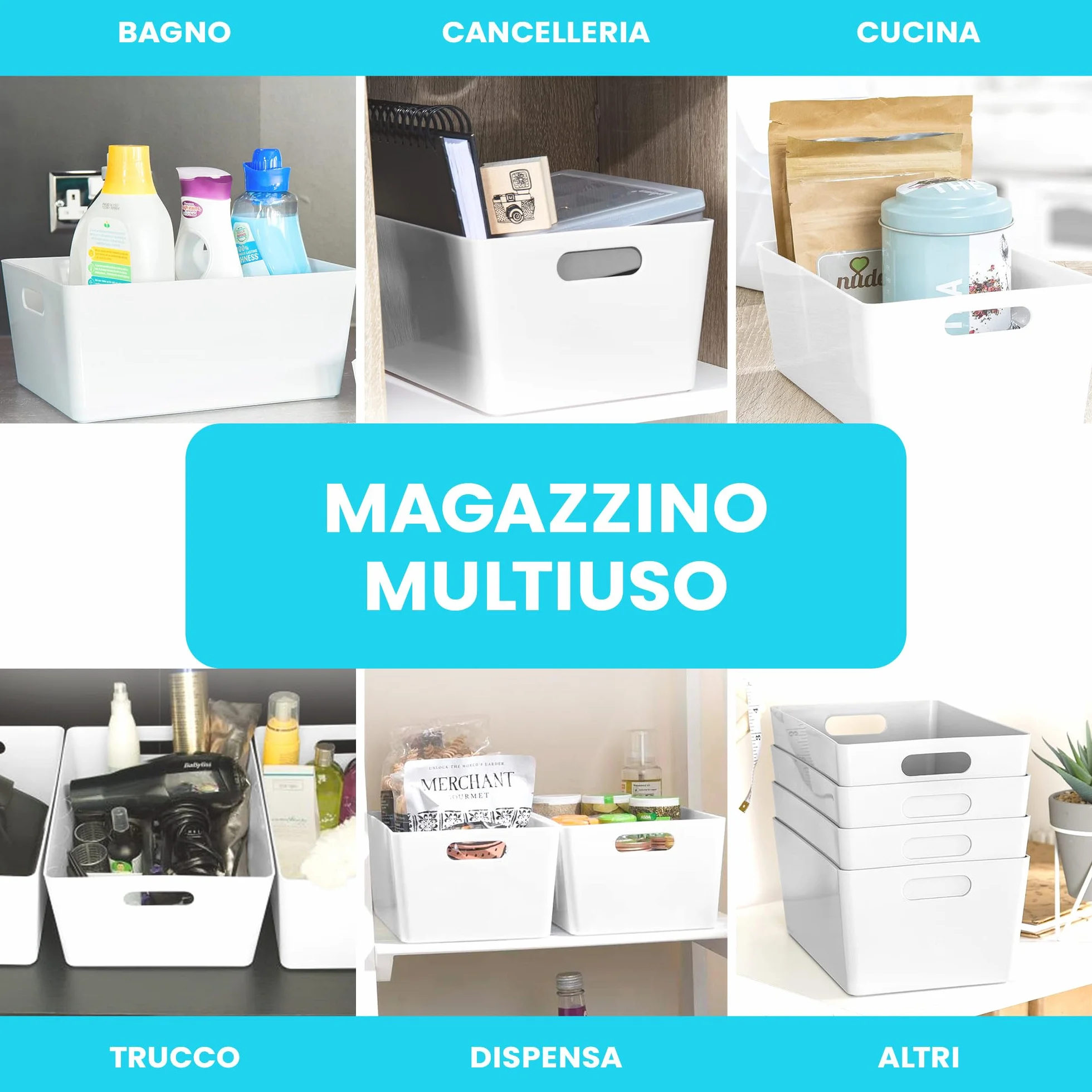Set 5 Cestini Portaoggetti in Plastica Bianco con Manici per Cucina