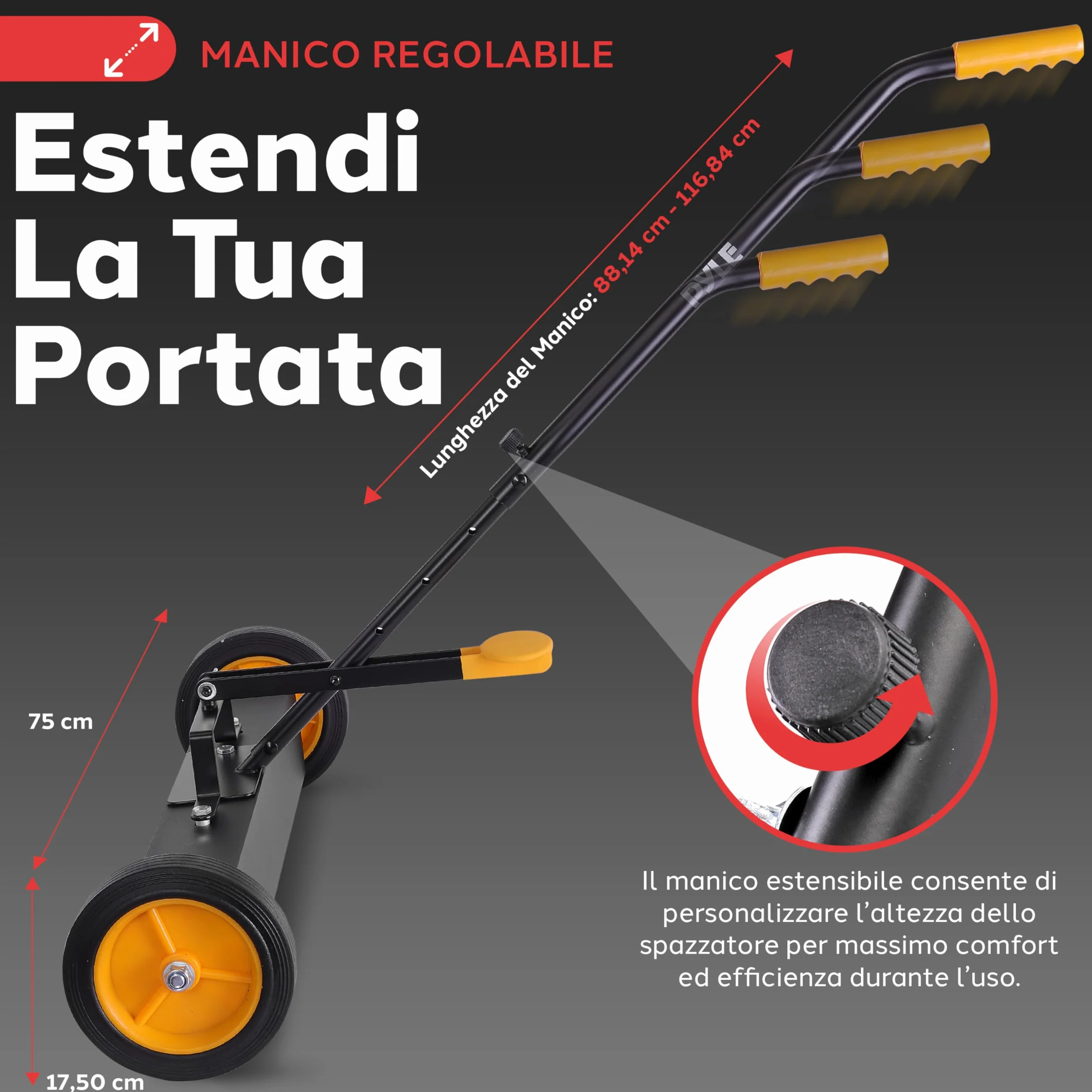 Pyle Spazzatrice Magnetica con Ruote 61 cm, Scopa Magnetica per Chiodi, Viti, Bulloni, Manico Regolabile, Raccoglitore Parti Metalliche per Uso Industriale e Commerciale, Nero/Arancione