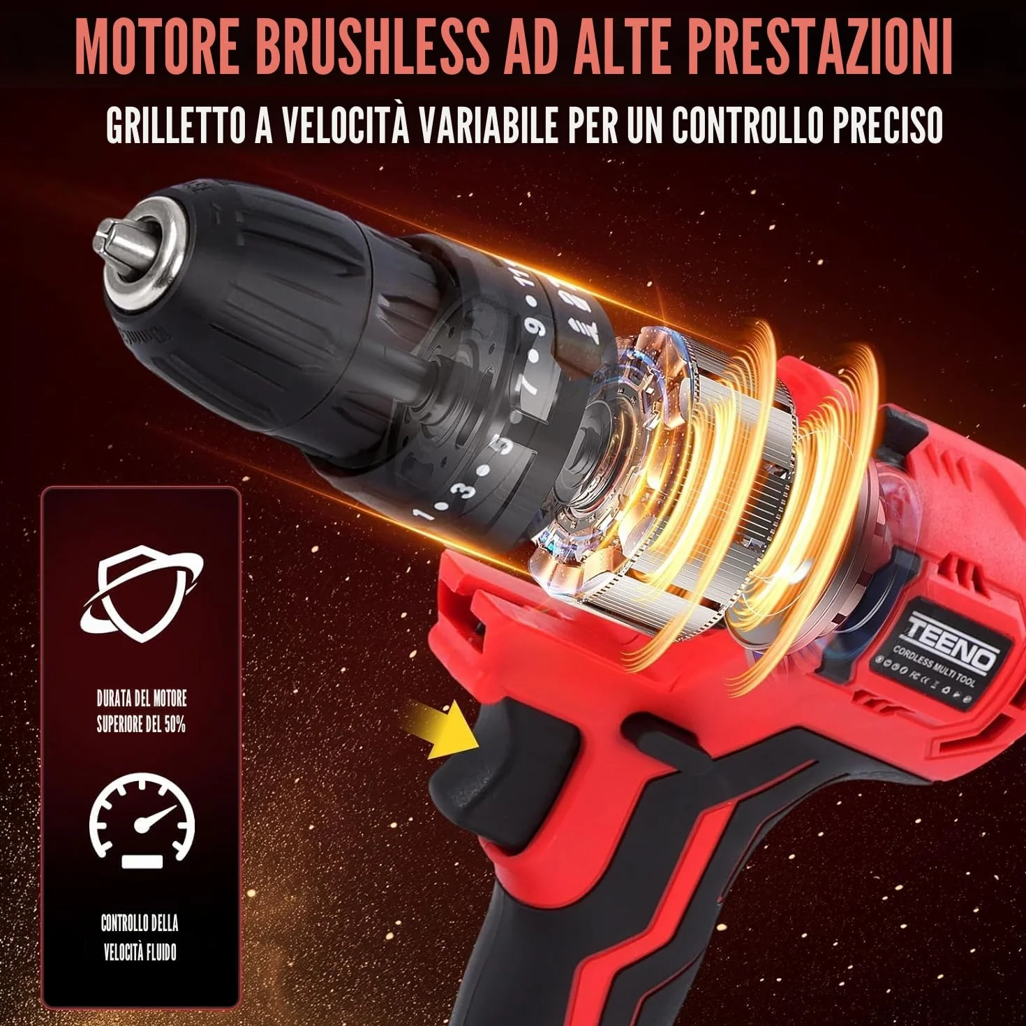 Kit Combinato Wireless 20V TEENO, Strumento Multifunzionale 8 in 1 con Custodia, Trapano, Sega a Catena, Cef A Urto, Levigatrice