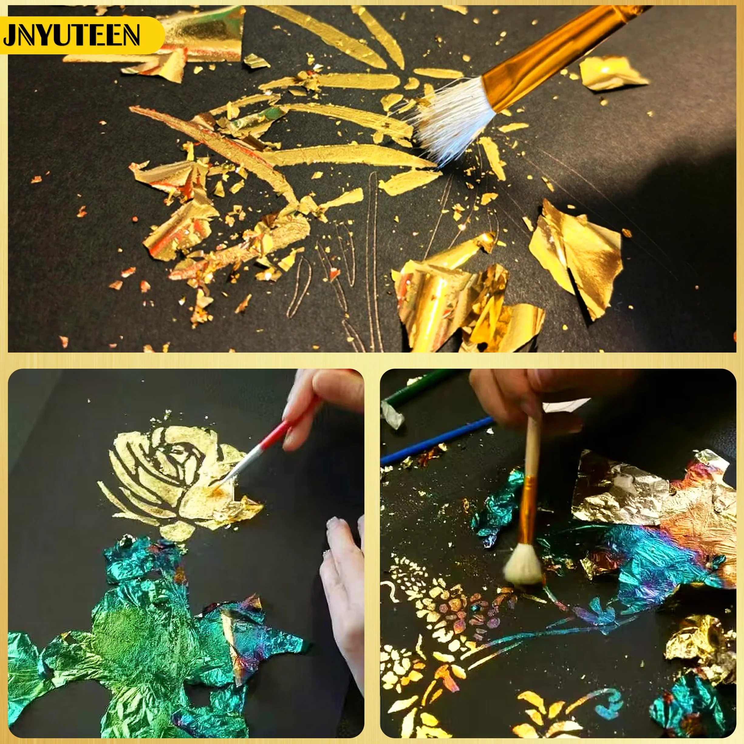 300 Fogli Foglia Oro per Fai da Te, Set con Pennelli E Pinzette Carta Dorata 8 x 8,5 cm, Oro Argento Finto per Progetti DIY Decorazione Artigianato
