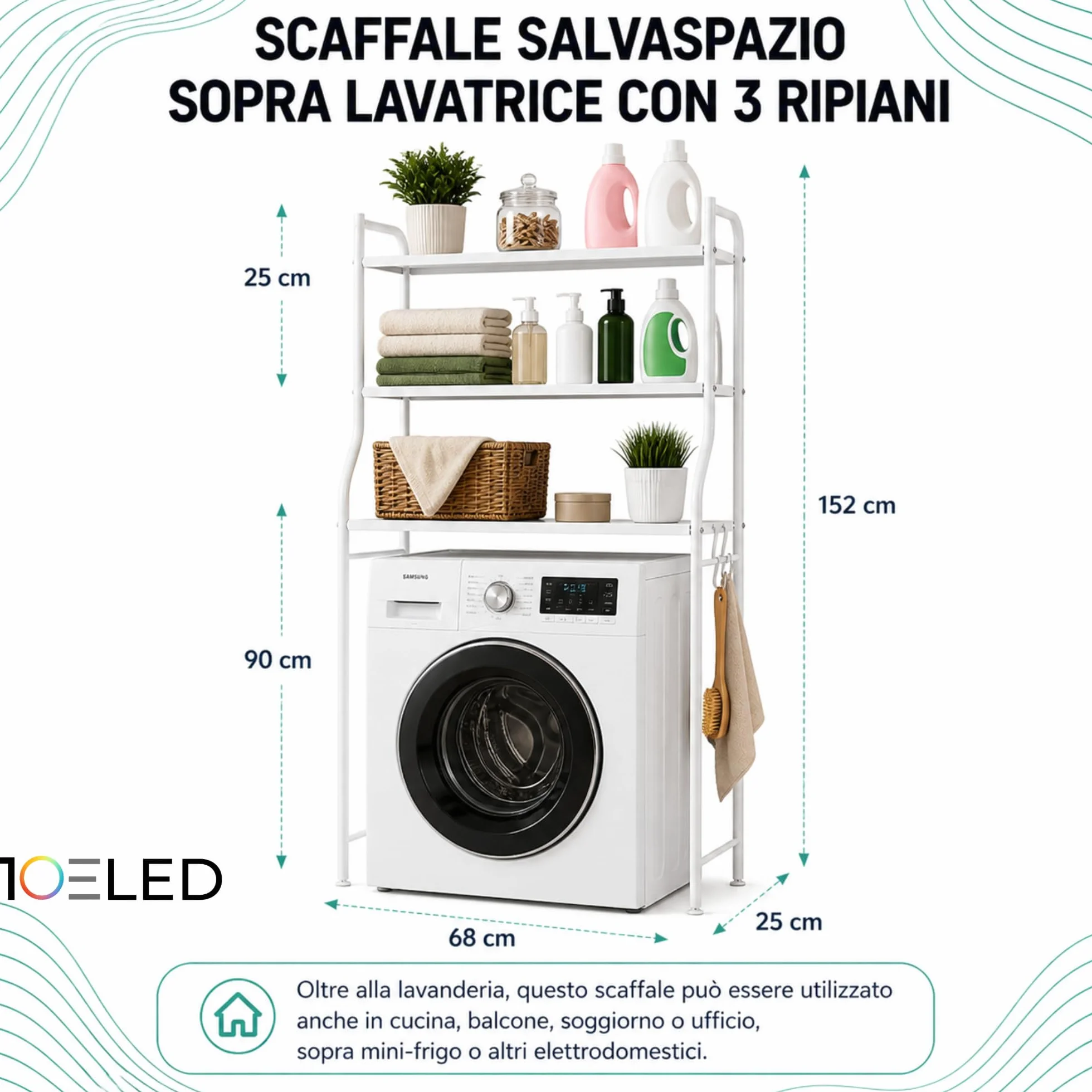 Mobile Lavatrice Salvaspazio con 3 Ripiani STABILE - Scaffale Organizer Bagno e Lavanderia in Acciaio - MONTAGGIO SEMPLICE con Ganci Laterali e Piedini REGOLABILI per Detersivi, Asciugamani e Altro