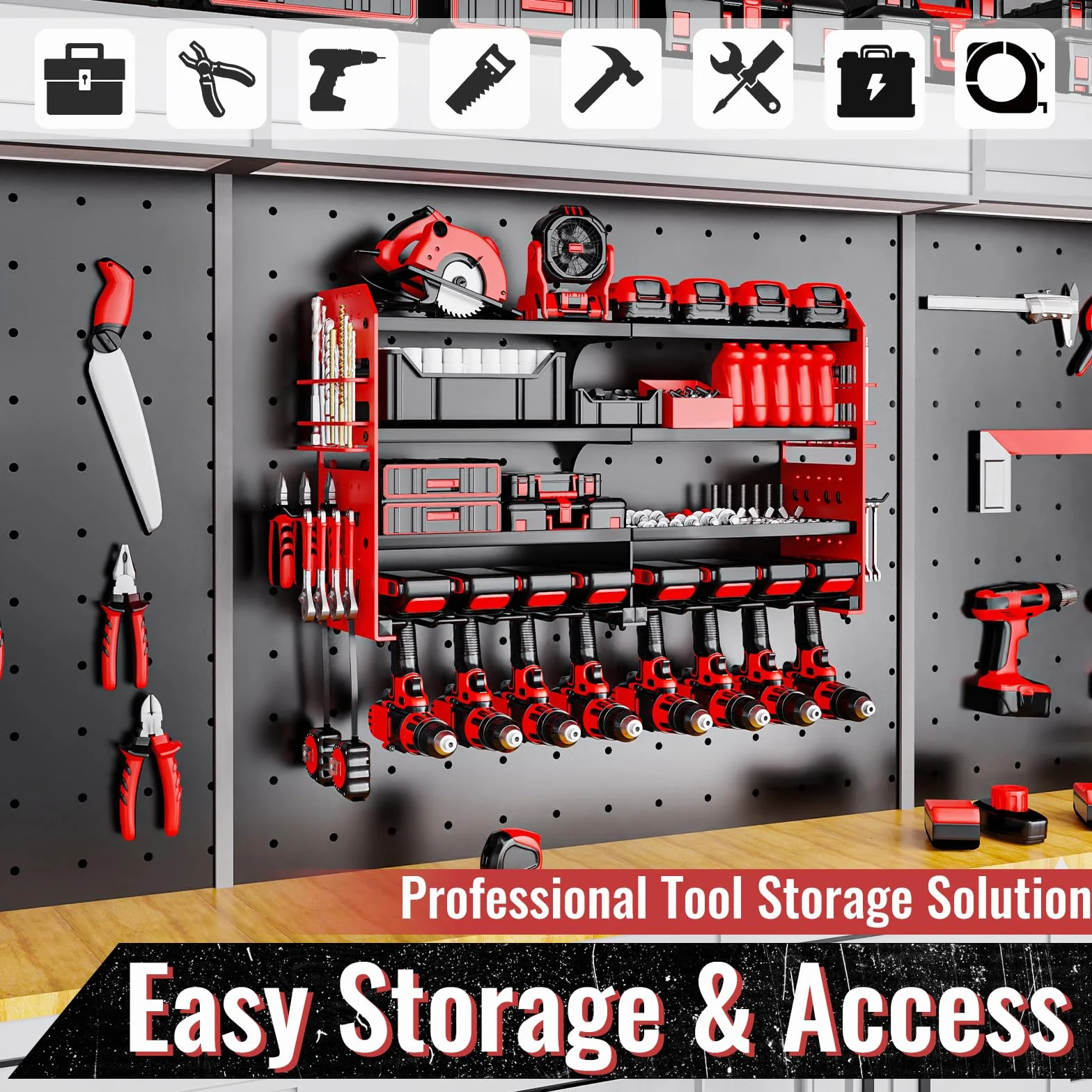 Organizzatore per attrezzi da parete, supporto per trapano a percussione, scaffale portautensili in metallo, organizer pesante per garage e officina con supporto laterale per cacciavite per garage e