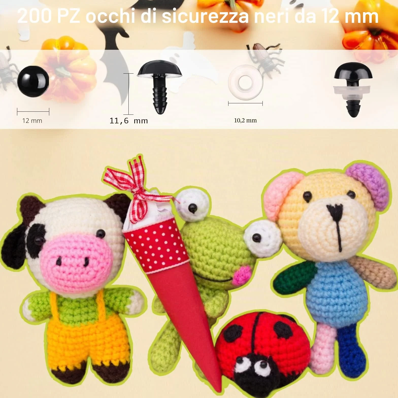 Occhi di sicurezza per uncinetto in plastica Occhi di sicurezza colorati per amigurumi con rondelle Occhi di sicurezza neri per animali imbottiti per artigianato (12mm-)