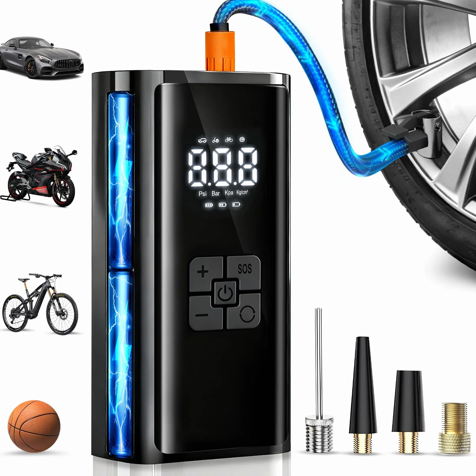 Compressore Aria Portatile, Compressore Portatile Bici, 150 PSI (10,3 Bar), Compressore Portatile Moto, Gonfiatore Elettrico con Automatico, LED, per Bicicletta, Auto, Moto, monopattino, Palloni